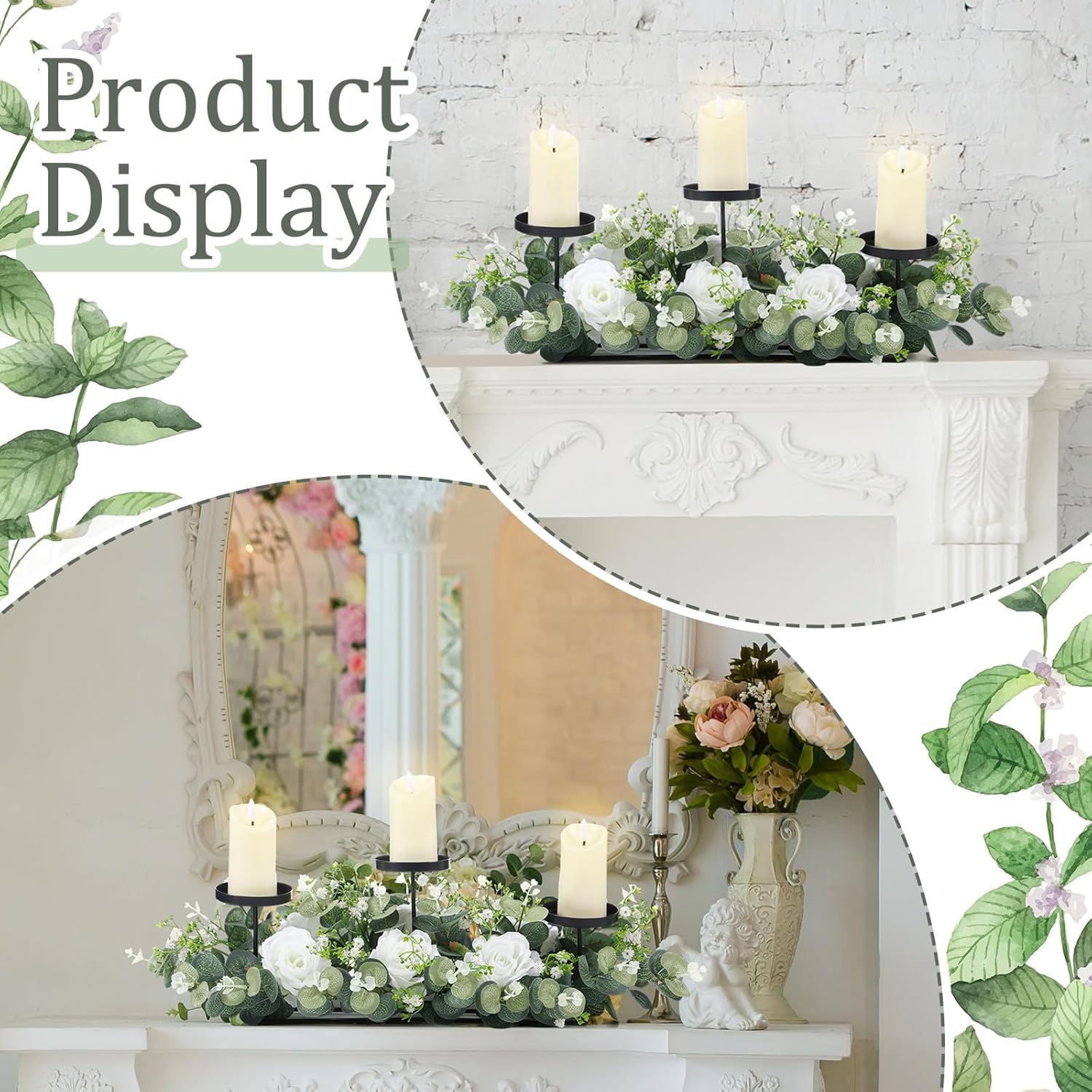 Zonon 21.6'' Wedding Candle Holder Centerpiece 3 Wick Electronic Candle Holder with Eucalyptus Leaves Roses for Wedding Party Decoration