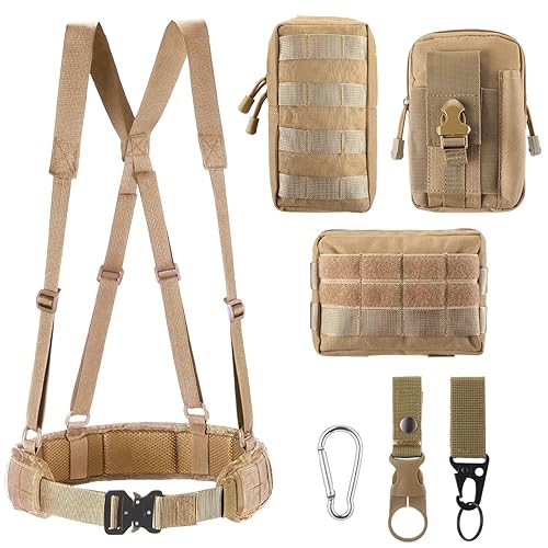 Croknit 29.9 Inches Molle Tactical Belts Set with Accessories Combat Belt Harness Molle Pouches Safety Buckle for Men Outdoor - Khaki