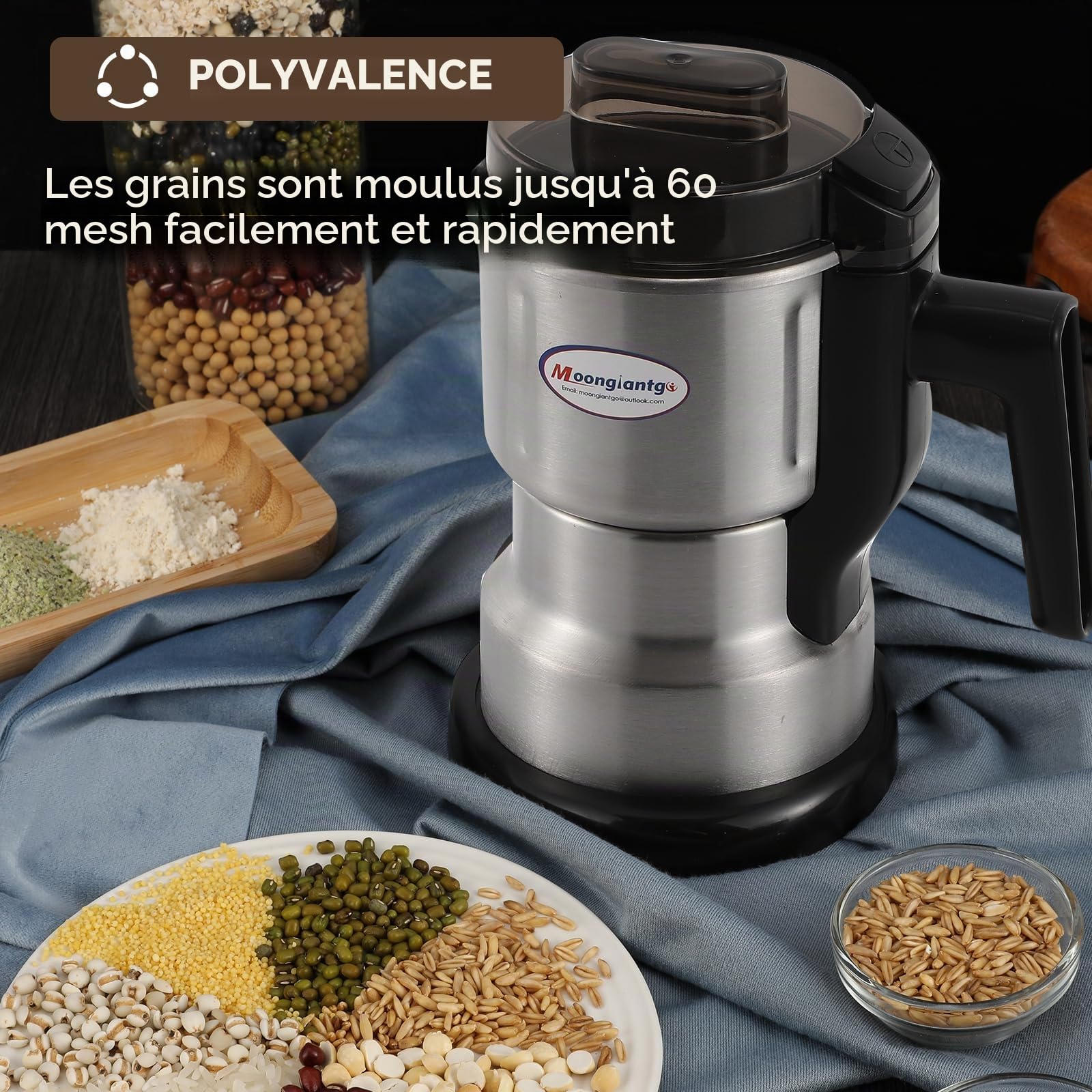 Moongiantgo Moulin Multifonctionnel à Céréales, Café et Épices (250W 22000RPM, Capacité 200ml, Acier Inoxydable, Mouture Ultra-Fine pour Céréales, Haricots, Café - Avec Brosse et Cuillère)