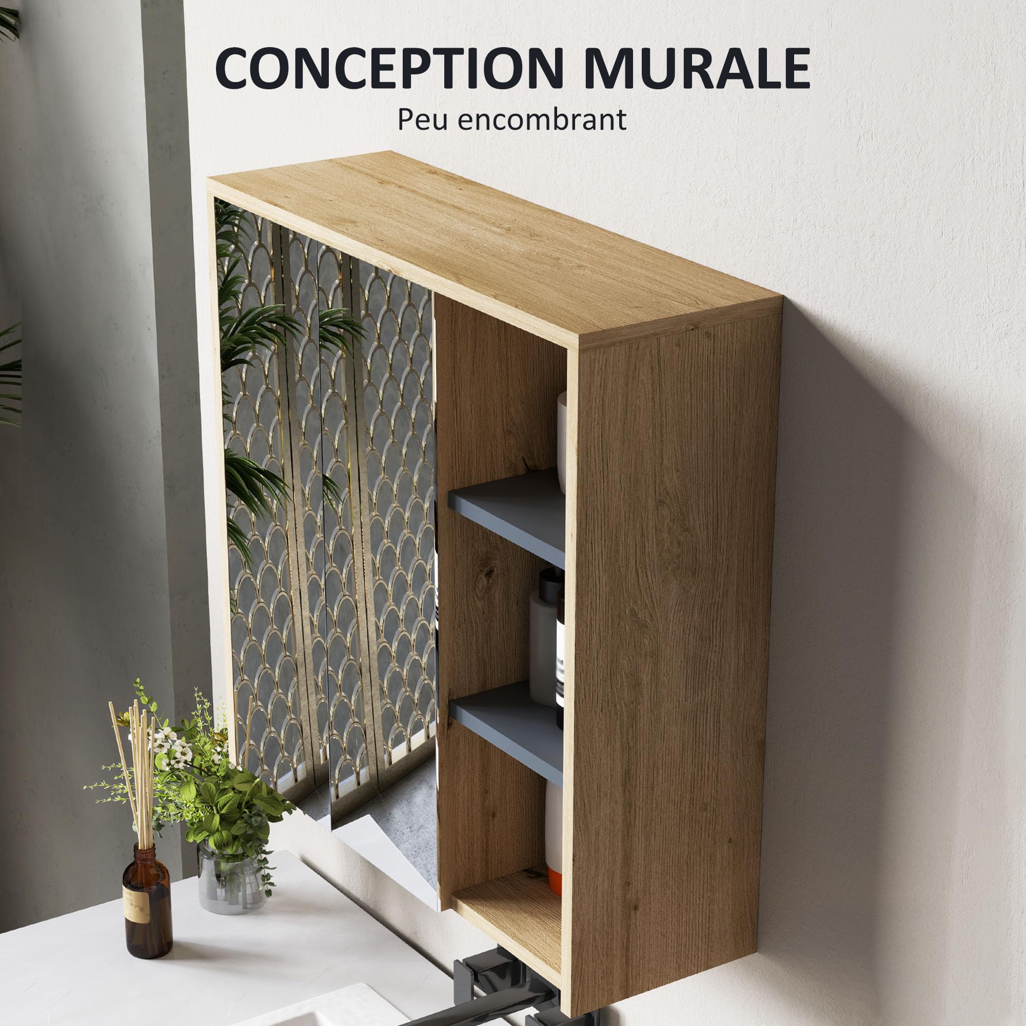 HOMCOM Armoire de Salle de Bain avec Miroir, Montage Mural, Armoire de Toilette avec 2 Portes Miroir, 3 étagères Ouvertes, 60 x 20 x 60 cm, Bois Naturel