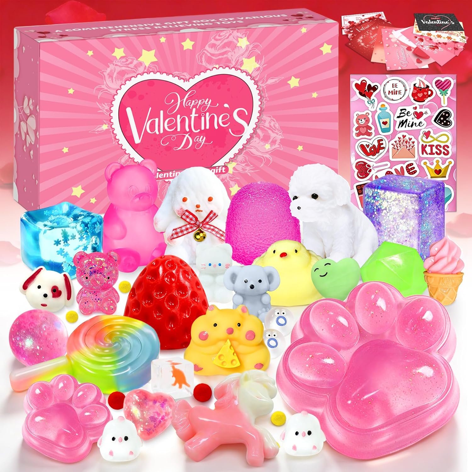 Valentines Day Gifts,29 Pack Taba Squishy Kit with Valentine Box,Taba Squishies Party Favors for 4-8 8-12 and Adults,Stress Relief Toys Valentines Cards Day Gifts&Stickers,Valentines Day Gifts for Him