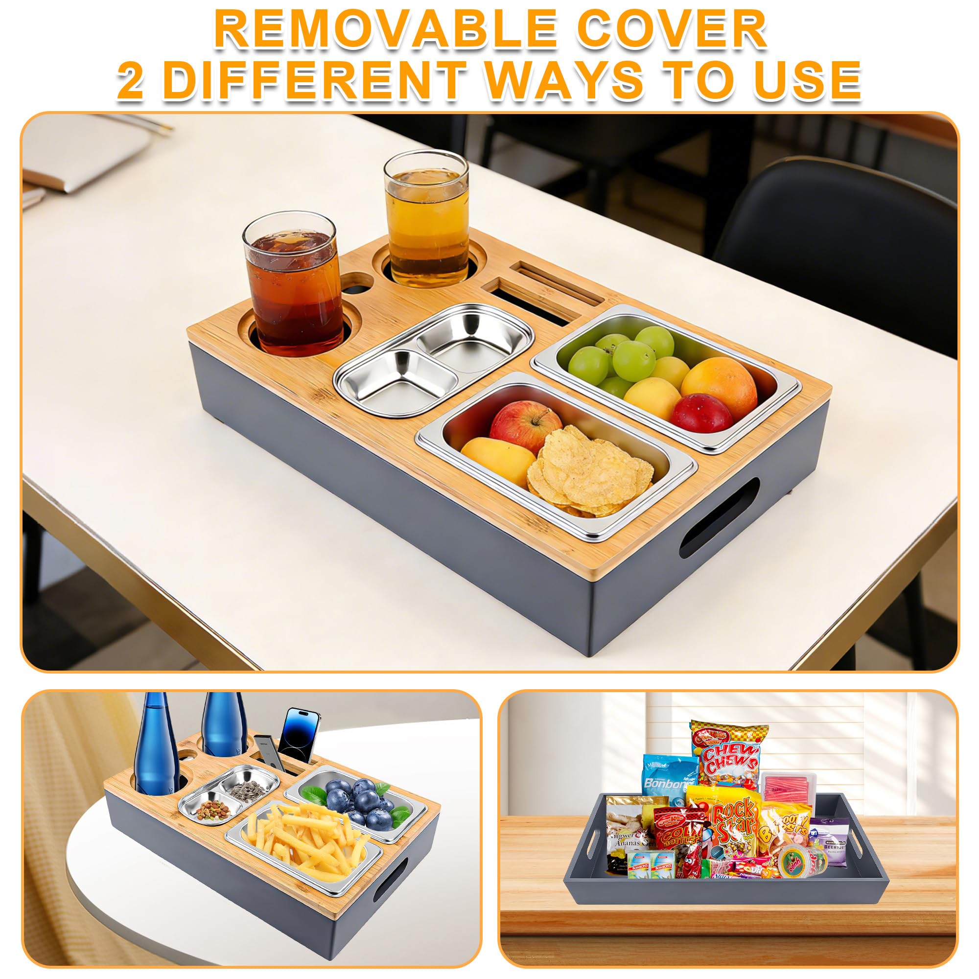 Couchbar Snackbox, Sofatablett Snackbox Mit Snackschalen Aus Edelstahl, Snackbox mit Fächern, Sofaablage für Wohnzimmer Schlafzimmer Camping Garten Picknickparty