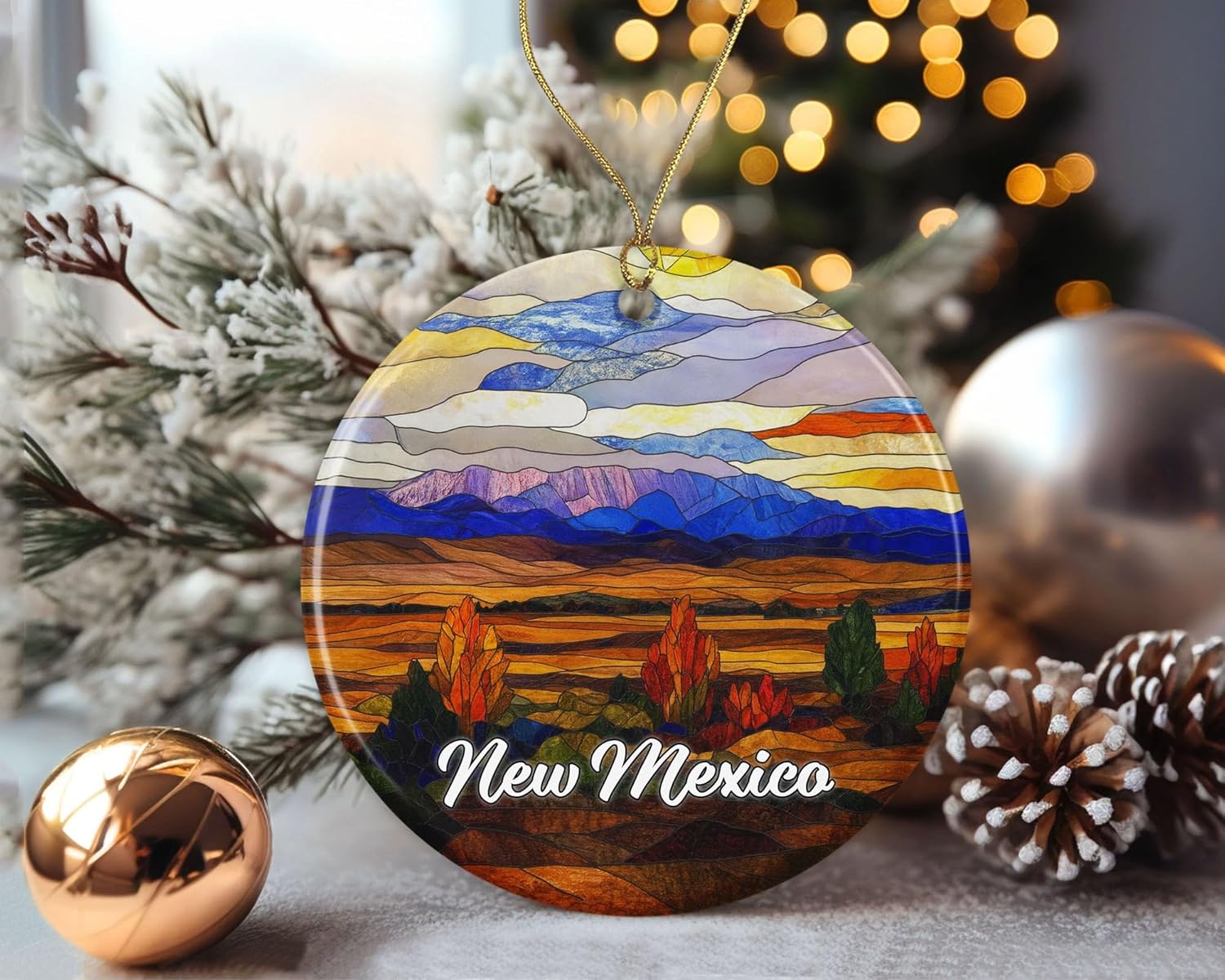 DanielDesign New Mexico Christmas Ornament - Travel New Mexico Gift - Stained Glass Style Ceramic Keepsake - Travel Gift for Tree Decoration Printed on Both Sides - Image 2