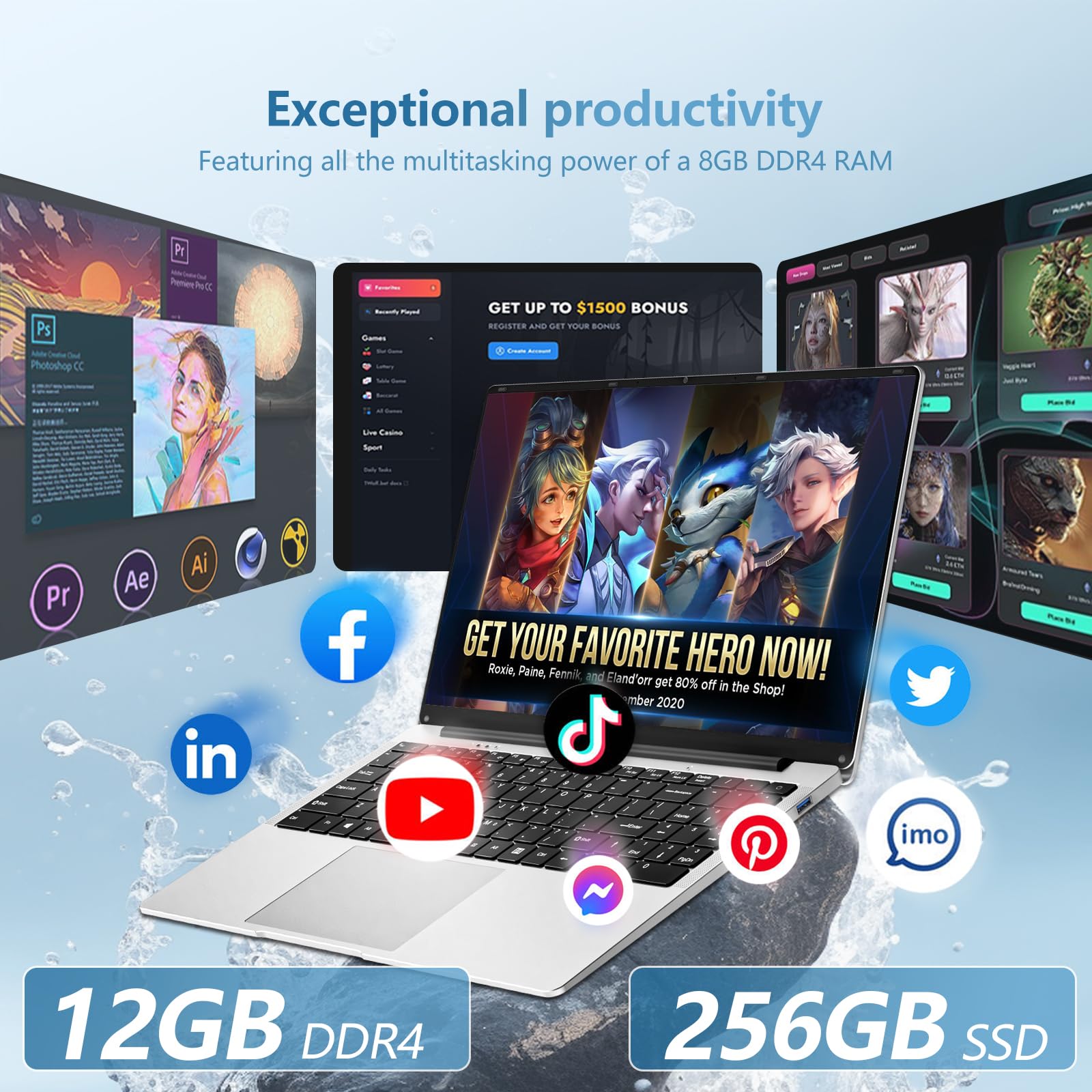 15.6 Pulgadas Ordenador Portatil, Win 11 PC Portátil Celeron N4000 CPU, Portátil con 12GB LPDDR4 256GB SSD, 1920*1080 IPS FHD Pantalla Laptop, TF Card Slot expansión hasta 1 TB, Mini HDMI+BT4.2 - 4