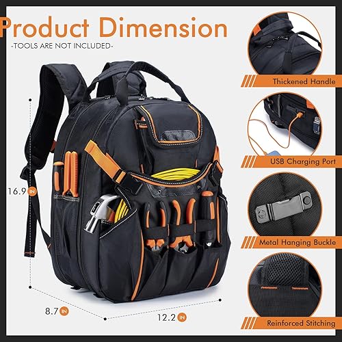 Miniatura 5 de Mochila de herramientas para hombre, mochila de herramientas resistente con compartimento para portátil, mochilas impermeables para electricista con