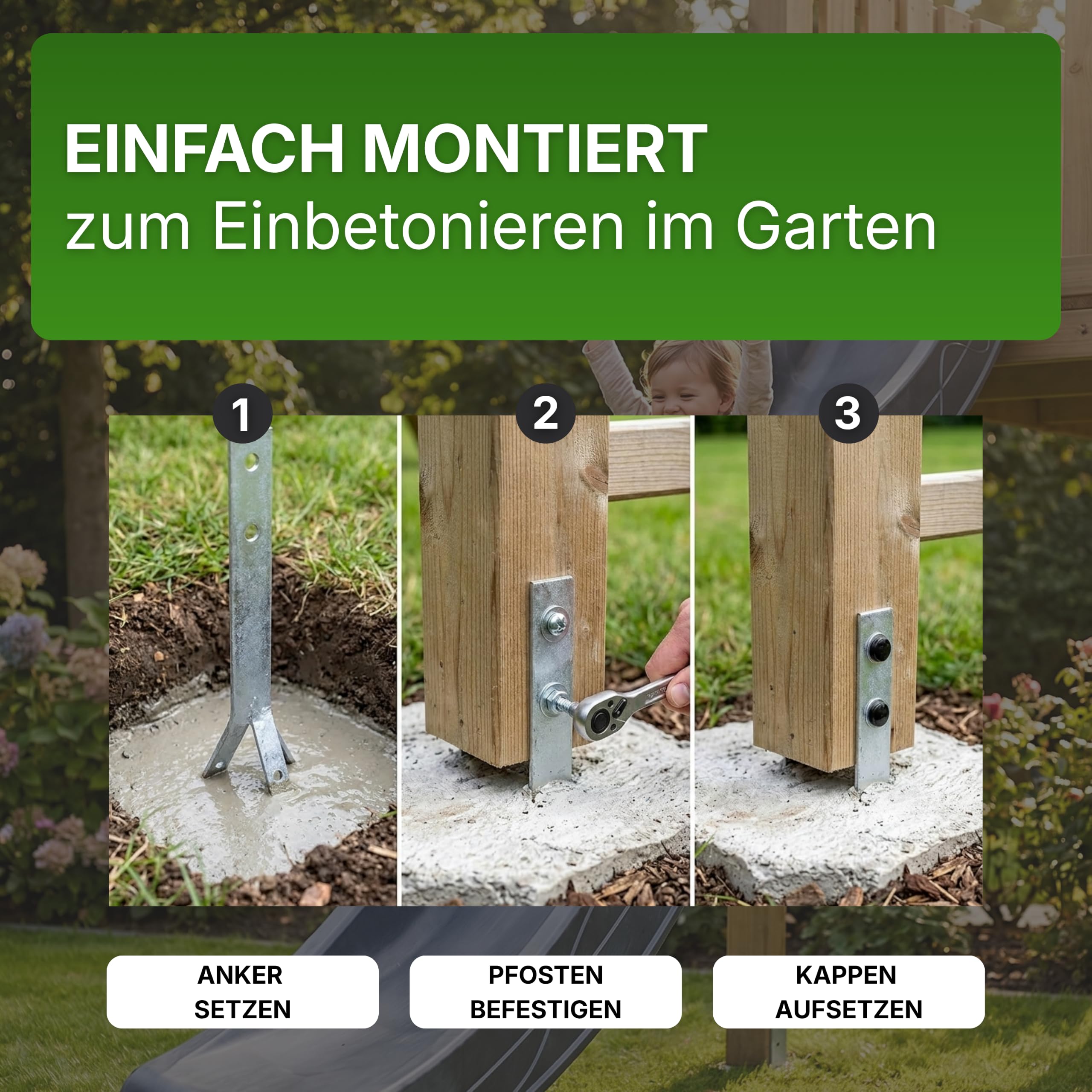 Gartenwelt Riegelsberger Bodenanker zum Einbetonieren 40 cm – 10 Stück Erdanker aus feuerverzinktem Stahl inkl. Schrauben, für Schaukel & Spielturm