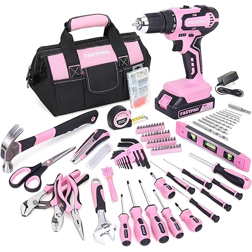 FASTPRO 232-Piece 20V Pink Cordless Lithium-ion Drill Driver and Home Tool Set, Lady's Repairing Kit with 12-Inch Wide Mouth Open Storage Bag