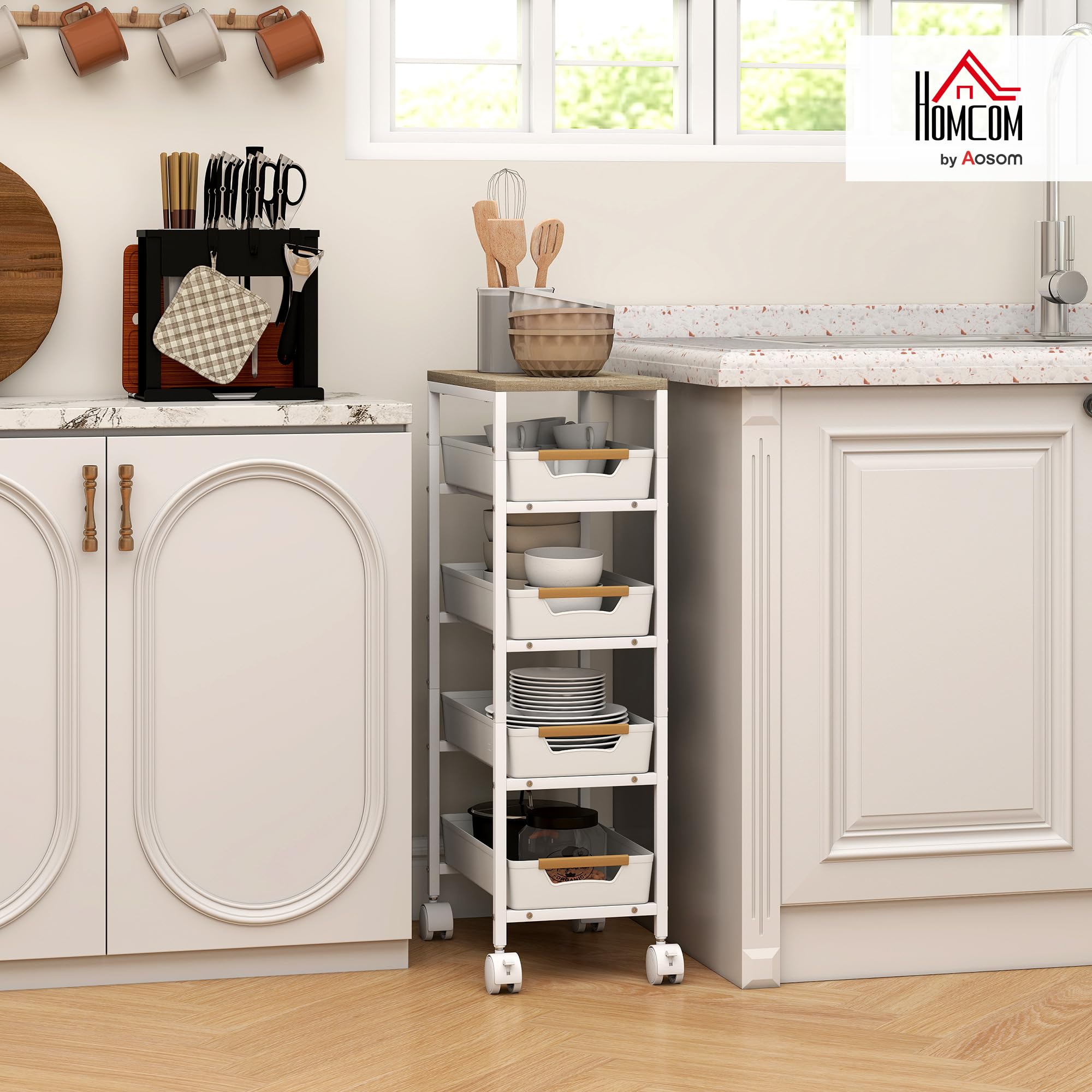 HOMCOM Carrello Cucina 5 Livelli 4 Cassetti 39.5x24x82 cm Bianco e Rovere | Estraibili, 4 Rotelle, Carrello Portavivande Salvaspazio, Metallo PP e Legno