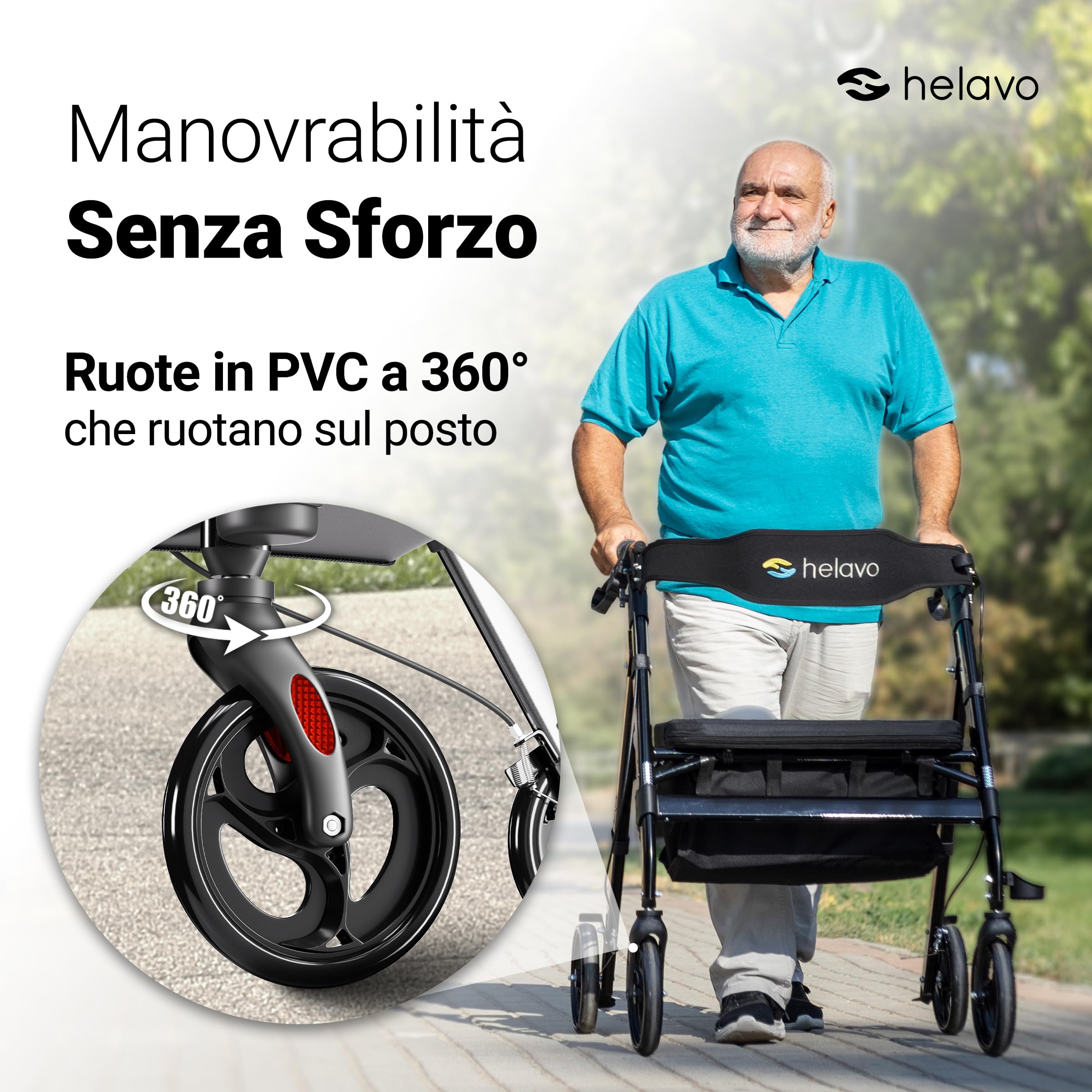 HELAVO deambulatore per anziani extra largo con ampio sedile regolabile in altezza - Rollator pieghevole per impieghi gravosi in alluminio - Capacità di carico fino a 226 kg