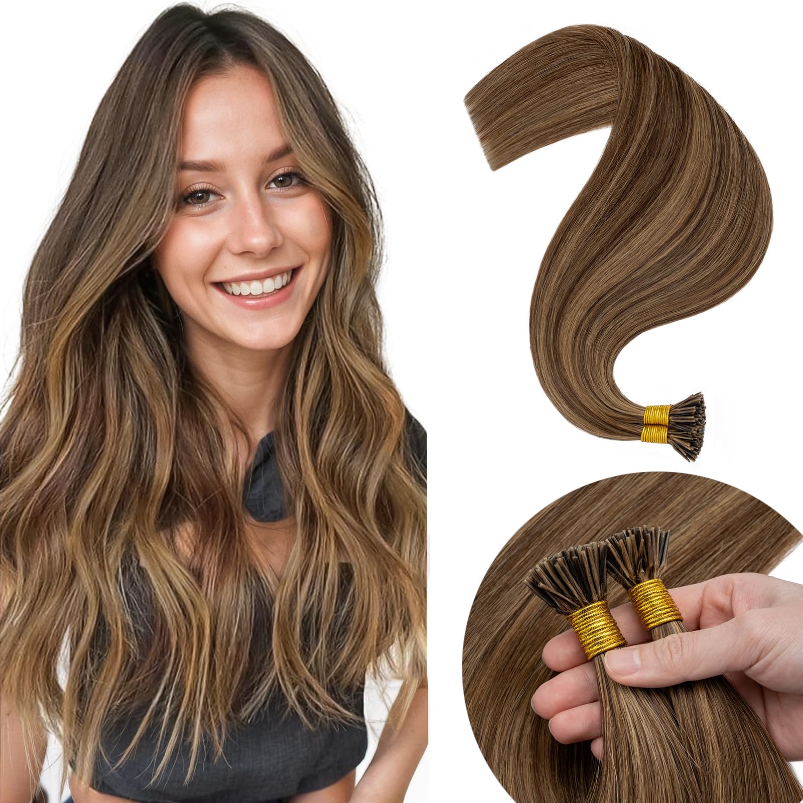 Elailite I Tip Hair Extensions 100 Strands Pre Bonded Stick Tip Keratin Real Remy Human Hair Extension Straight - #4/27 Medium Brown Mix Dark Blonde - 16 inches