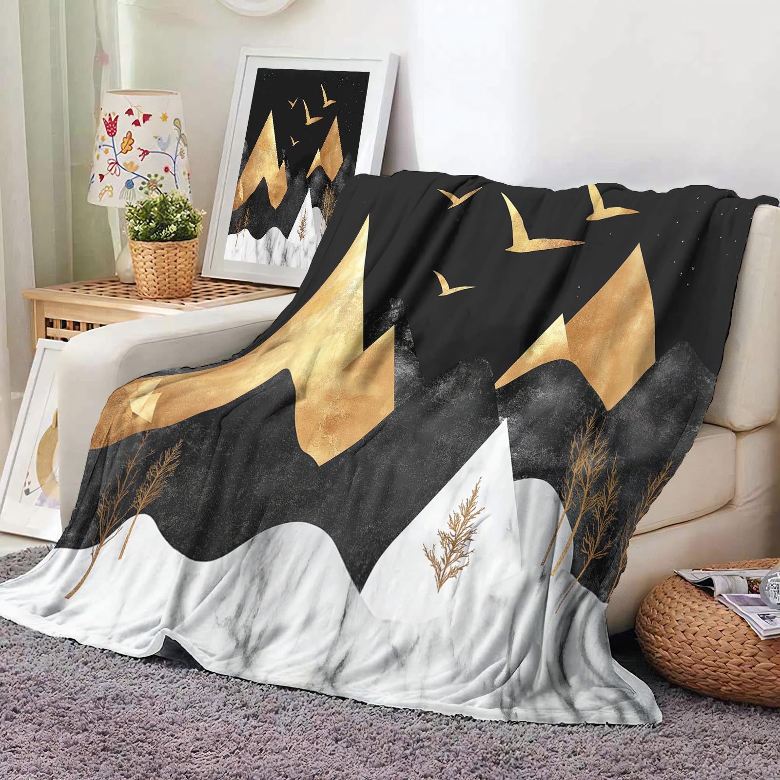 Couverture Plaid Polaire Flanelle 200X220Cm, Or Montagne Jeté De Canapé Polaire， Couverture Lit 2 Personnes Epaisse Et Chaude, Art Abstrait Ultra Douce Et Duveteuse Plaid