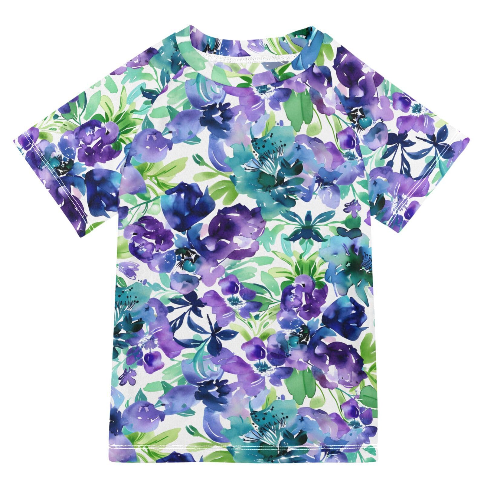 ALAZA Kids Rash Guard Toddler Swim Shirt Boy Girls Floral Purple Blue Watercolor UPF 50+ Short Sleeve 4T