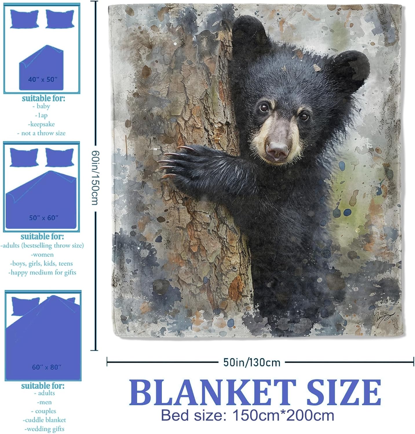 Black Bear Throw Blanket for Women Girls Boys, Soft Flannel Blankets Gifts for Living Room Couch, Home, Sofa Decor, 50"x60"