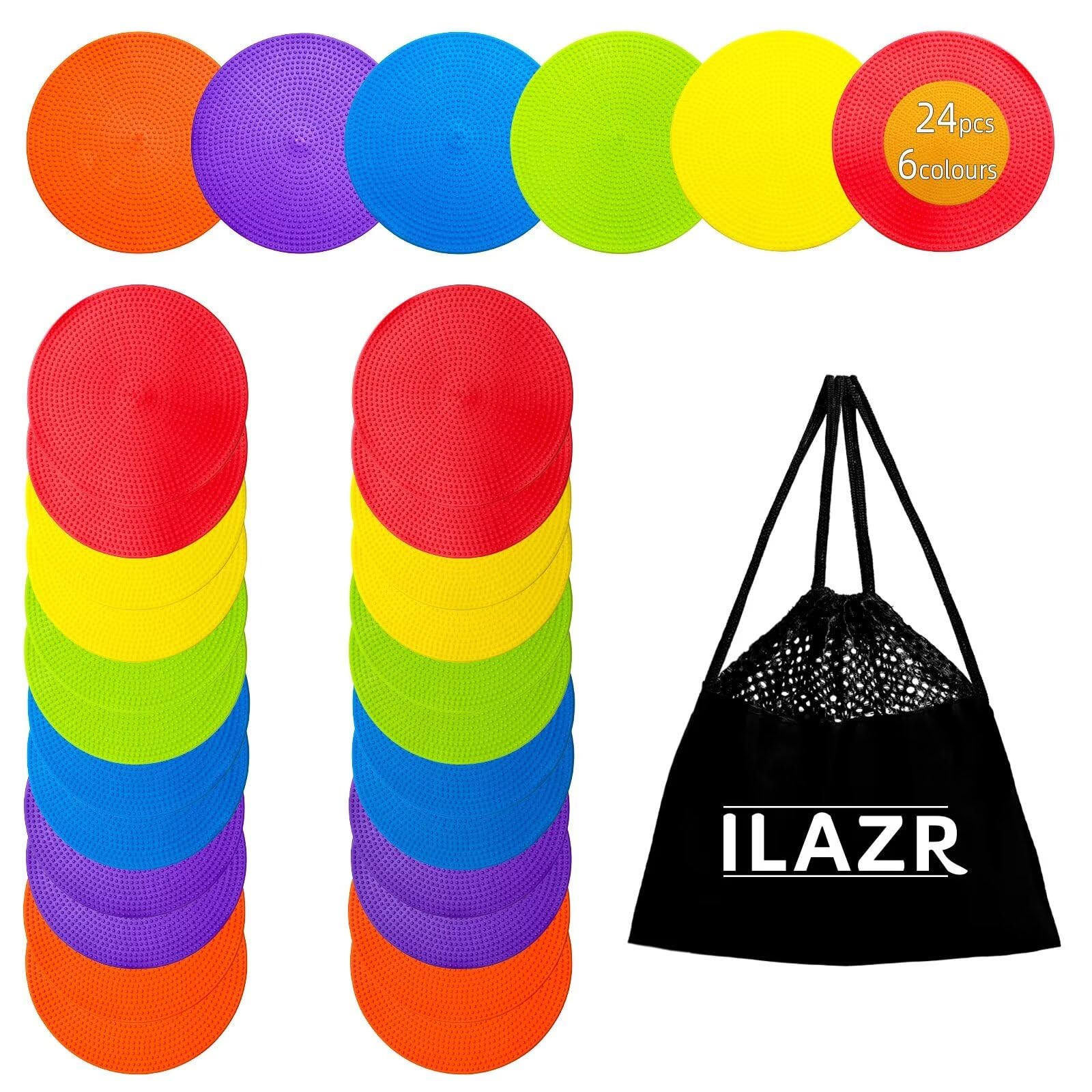 ILAZR 24 Pcs Non Slip Agility Marker Aggregate Dots 4.72 inch 6 Color Floor Dot Marker for Classroom Dance Sports Football Basketball Speed Agility Training