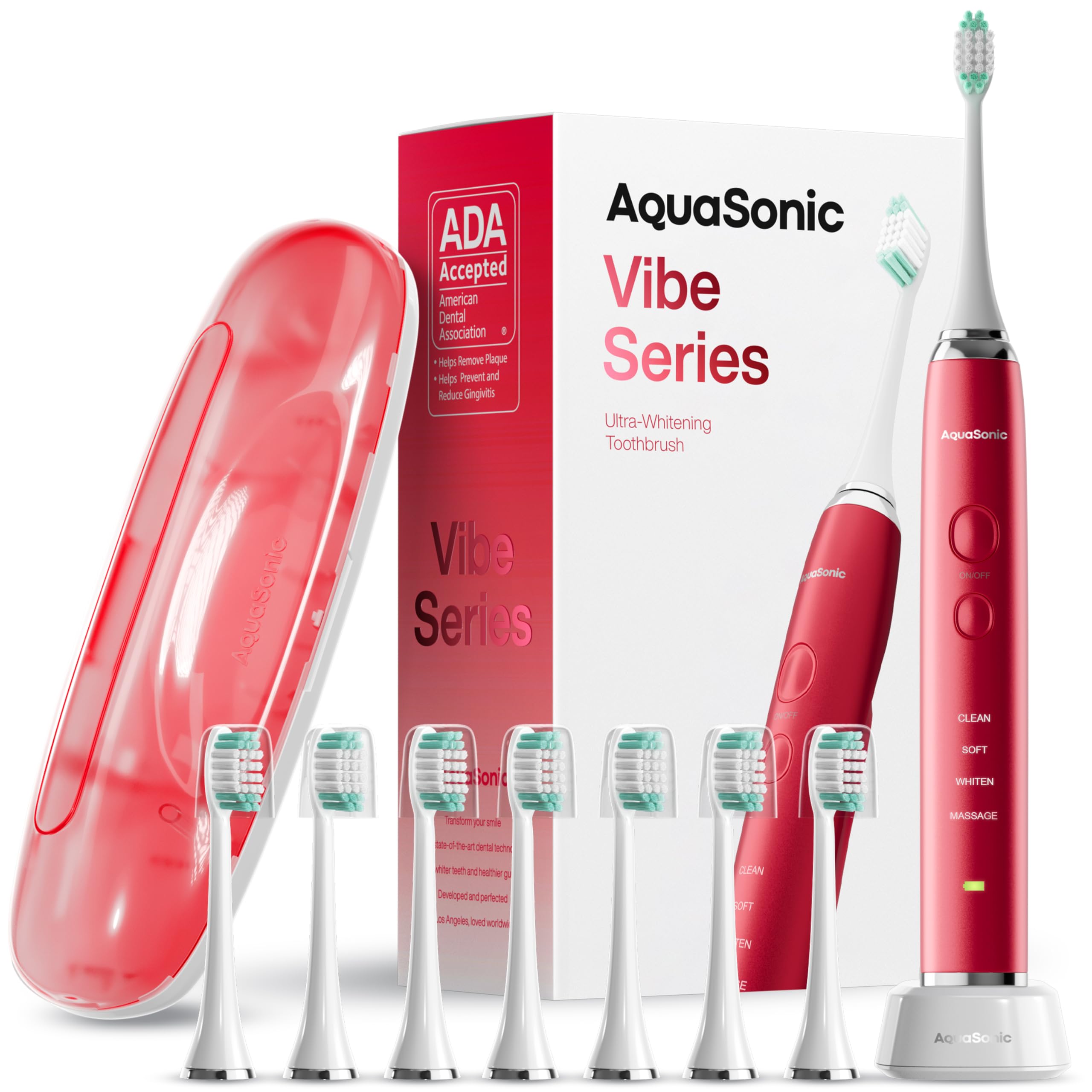 Aquasonic Vibe Series Ultra-Whitening Toothbrush – ADA Accepted Electric Toothbrush - 8 Brush Heads & Travel Case – 40,000 VPM Motor & Wireless Charging - 4 Modes w Smart Timer – Ruby