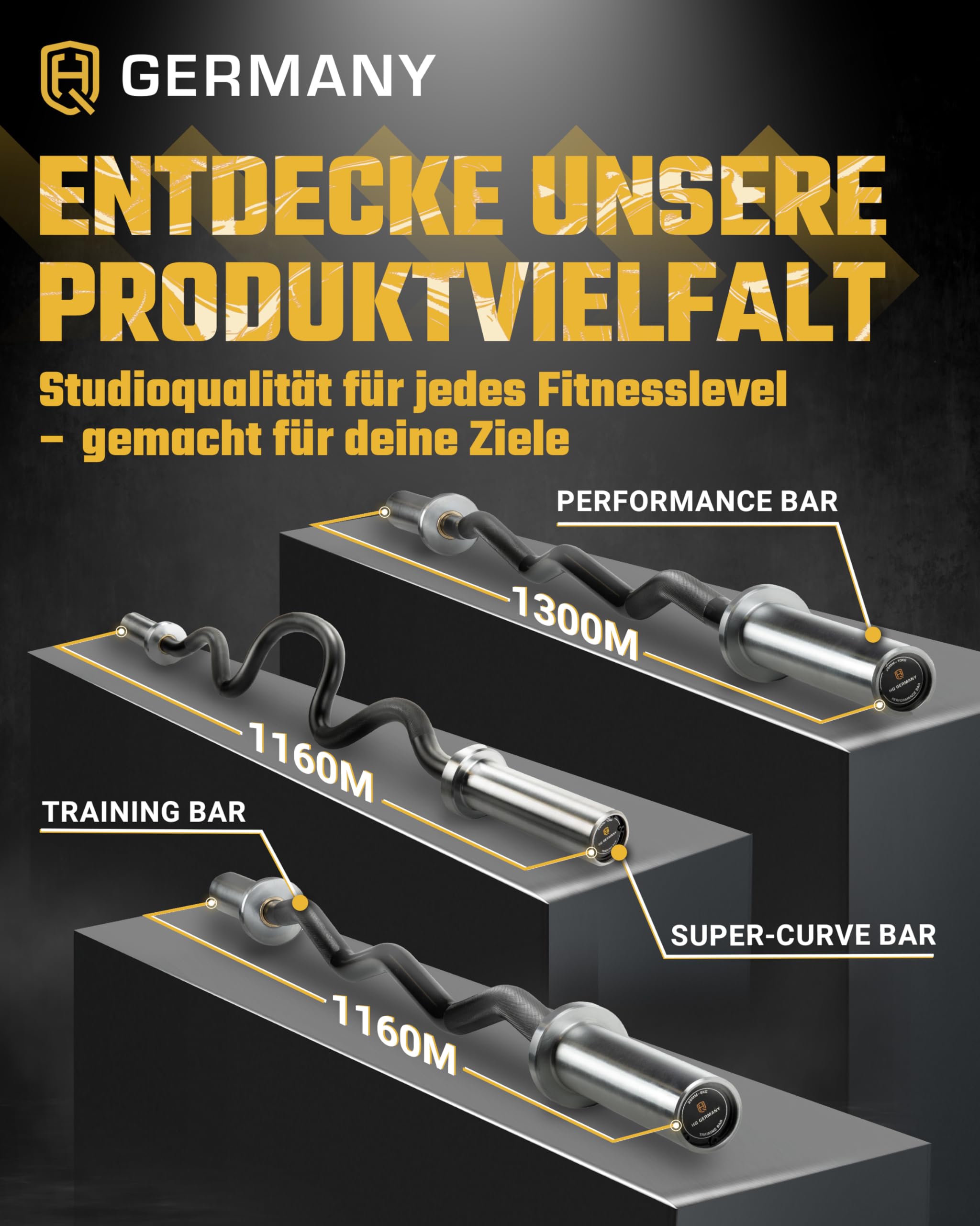 HQ Germany® SZ-Stange 50mm [Performance-Line] - Curl-Stange 50mm | Nadel statt Gleitlager, hartverchromte Sleeves, schwarz verchromter Schaft, 50mm Aufnahme, bis 250kg belastbar