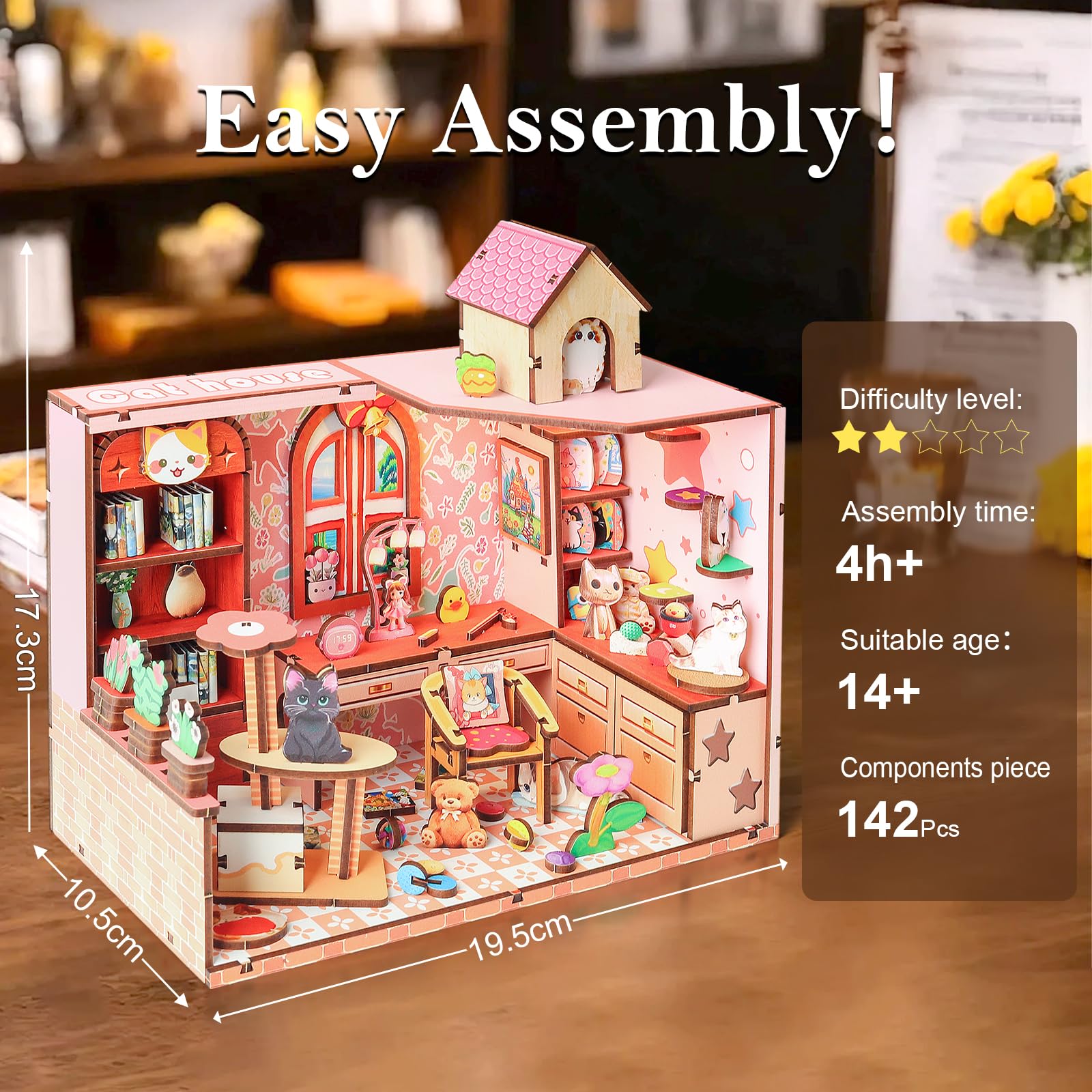 Cuteefun Maison Miniature DIY Kit, Maison Poupee Bois avec LED, Construction à Tenons et Mortaises, Facile à Assembler, Cadeaux d'anniversaire, de Noël, d'halloween (Cabane à Chat)