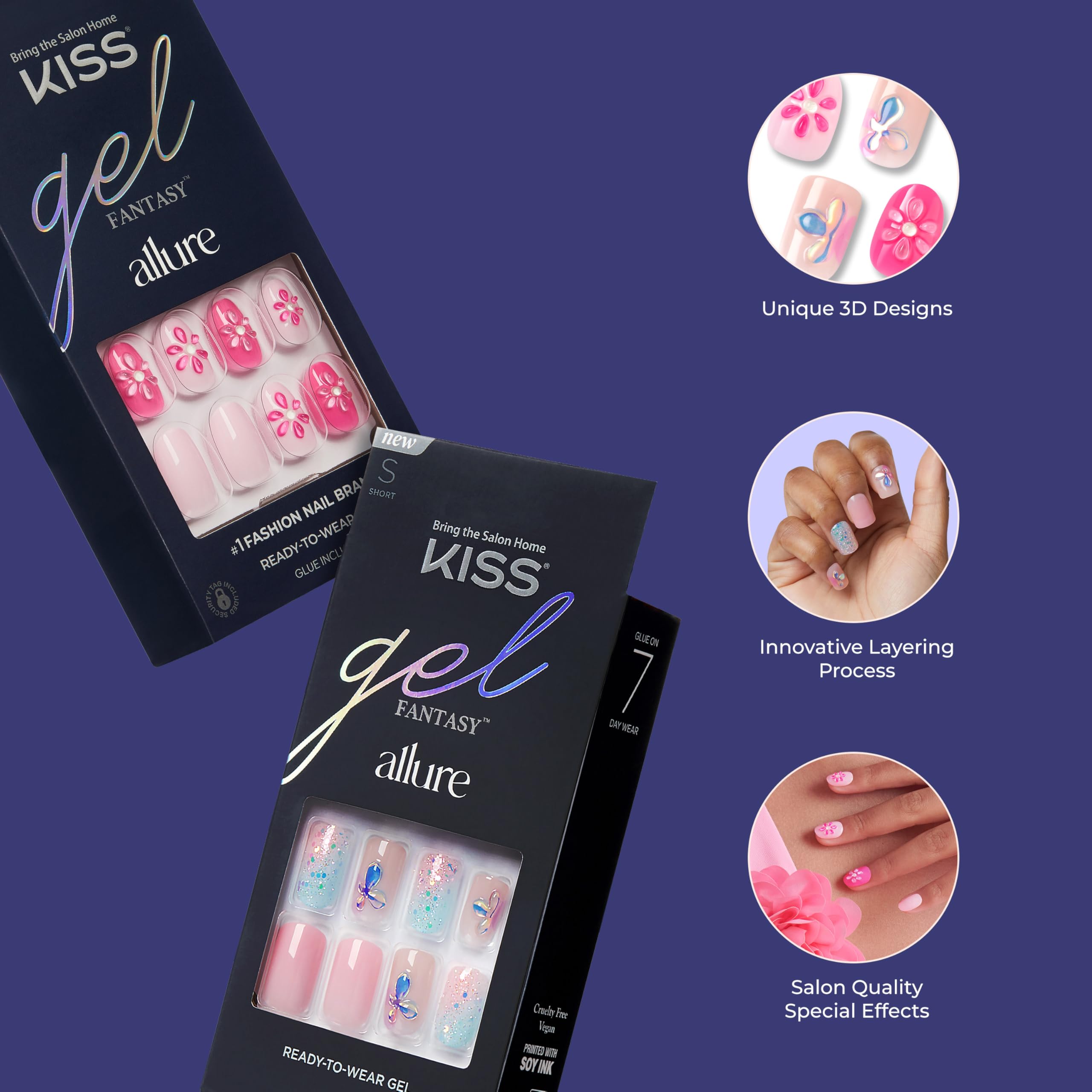 KISS Gel Fantasy Allure – Gotowe Paznokcie, Model "Change Chance", 28 Sztuk – Holograficzne Srebro z Efektem Lustra, Krótki Owal (Zestaw z Klejem)