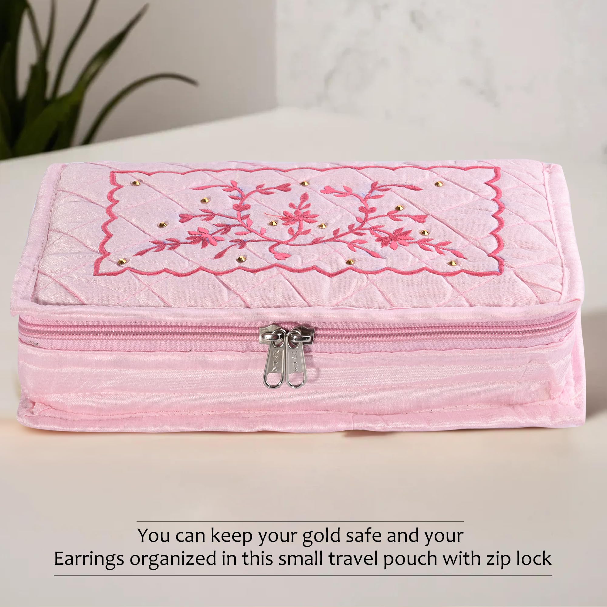 Kuber Industries (Pack of 2) Embroidery Jewellery Box For Women - 7-Compartments Travel Pouch For Gold Storage & Earrings Organizing- Dark & Light Pink