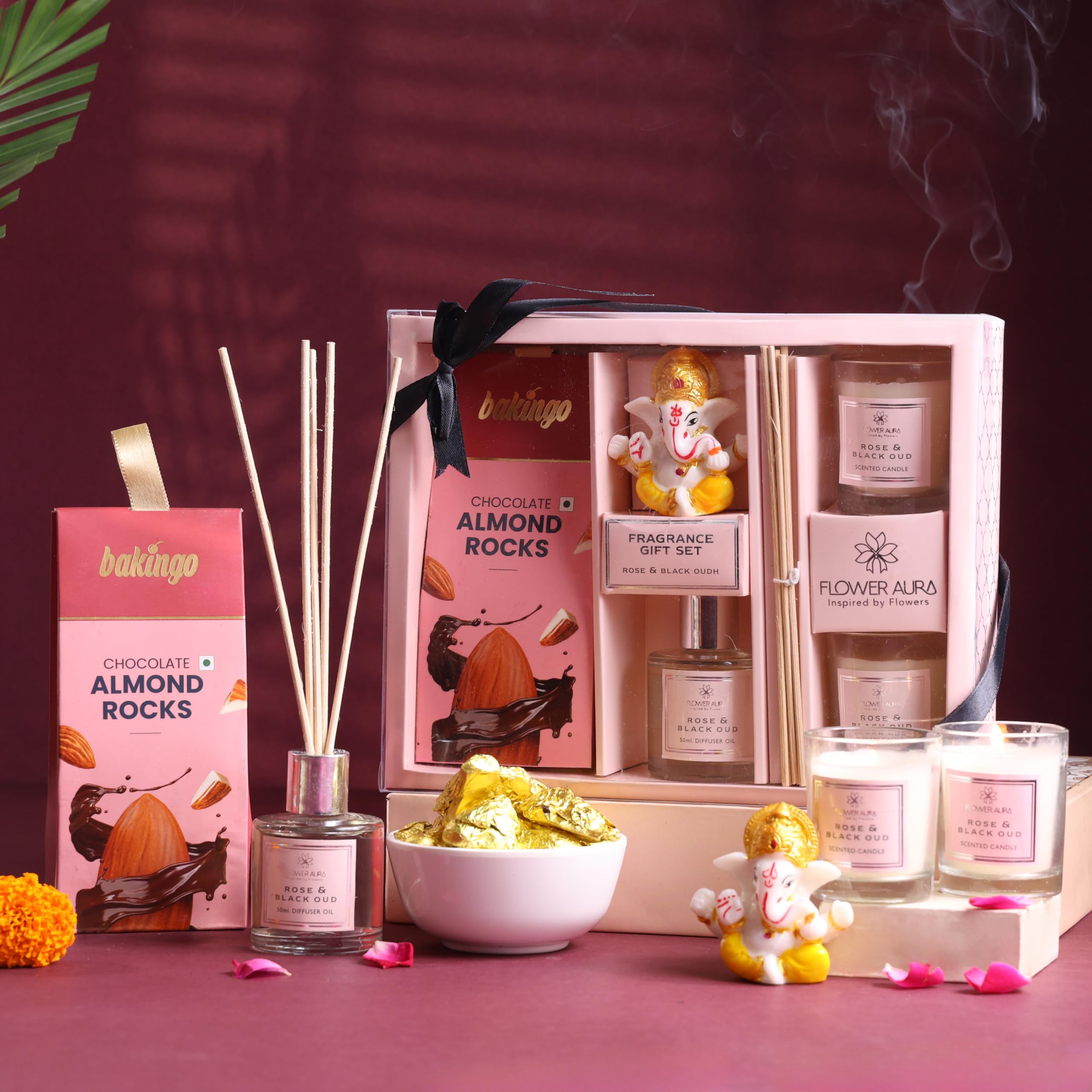 FlowerAura Premium Gift Hamper of Scented Candle, Reed Diffuser