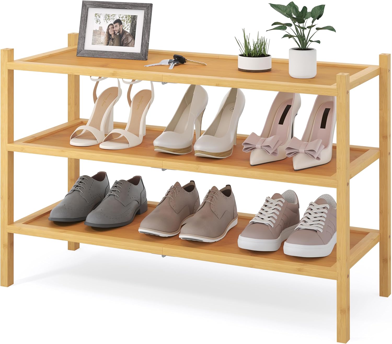 Smiry Bamboo Shoe Rack, 3 Tier Shoe Organizer for Entryway & Closet, Stackable Free Standing Storage Shelf for Shoes, Bags & Plants, Natural Natural 3 Tier-Regular