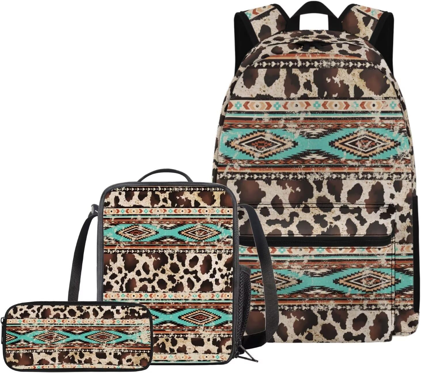 School Bag 3 pc Cute Backpack for School Aztec-style Cow Print,17 Inch Elementary to Middle School Students, Book Bag for Boys and Girls Daily Commute.