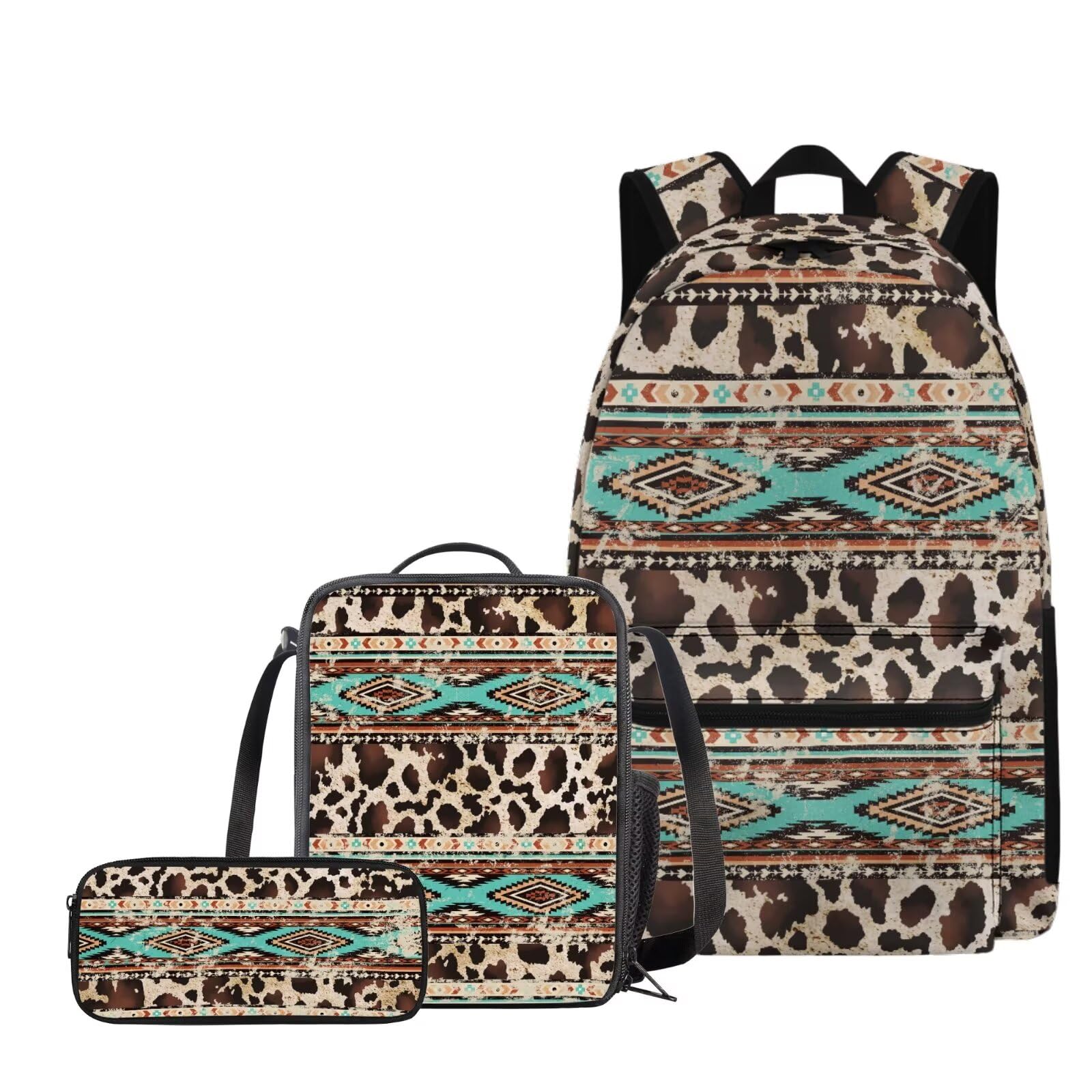 Wunvihay School Bag 3 pc Cute Backpack for School Aztec-style Cow Print,17 Inch Elementary to Middle School Students, Book Bag for Boys and Girls