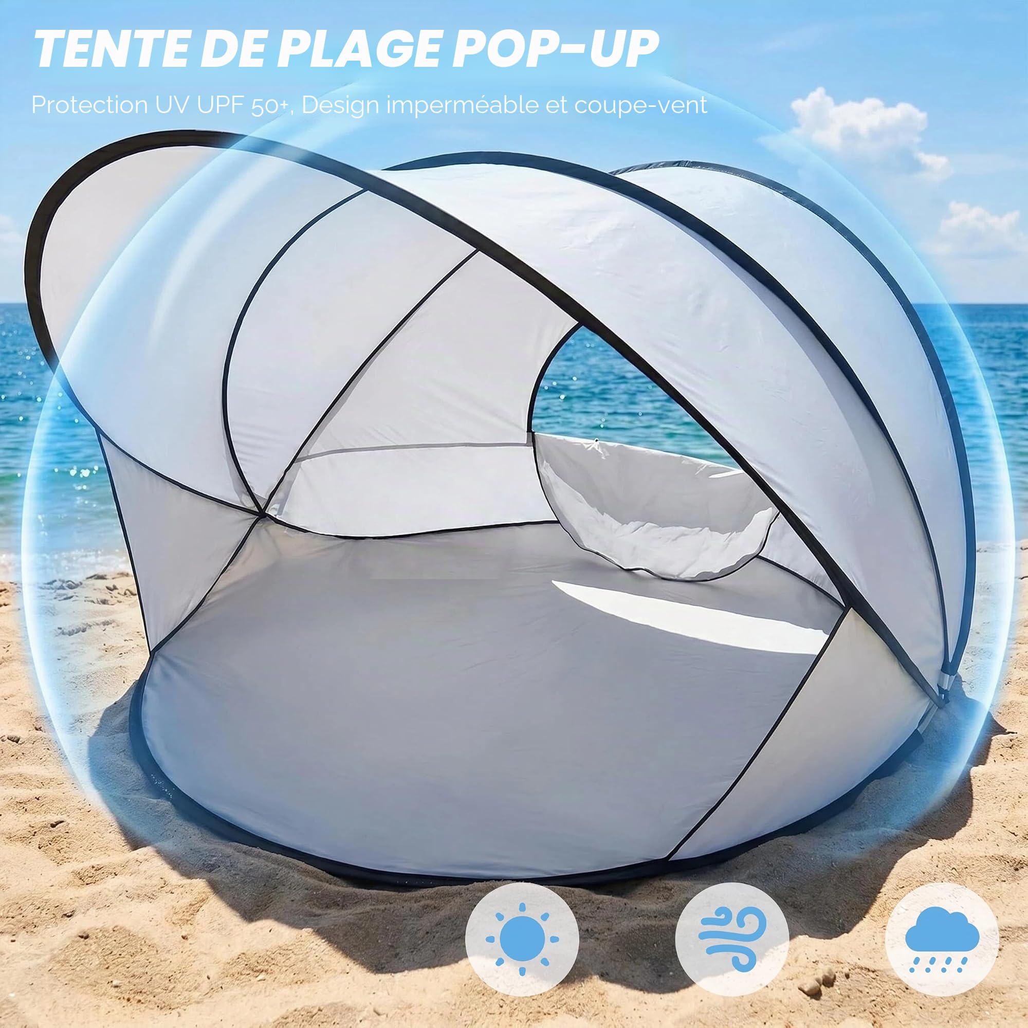Abri de Plage Pop Up Tente de Plage Automatique Portable avec Protection | UV 50+ et Coupe-Vent, Tente Pare-Soleil pour 2-3 Personnes, Camping Jardin Plage, Bleu