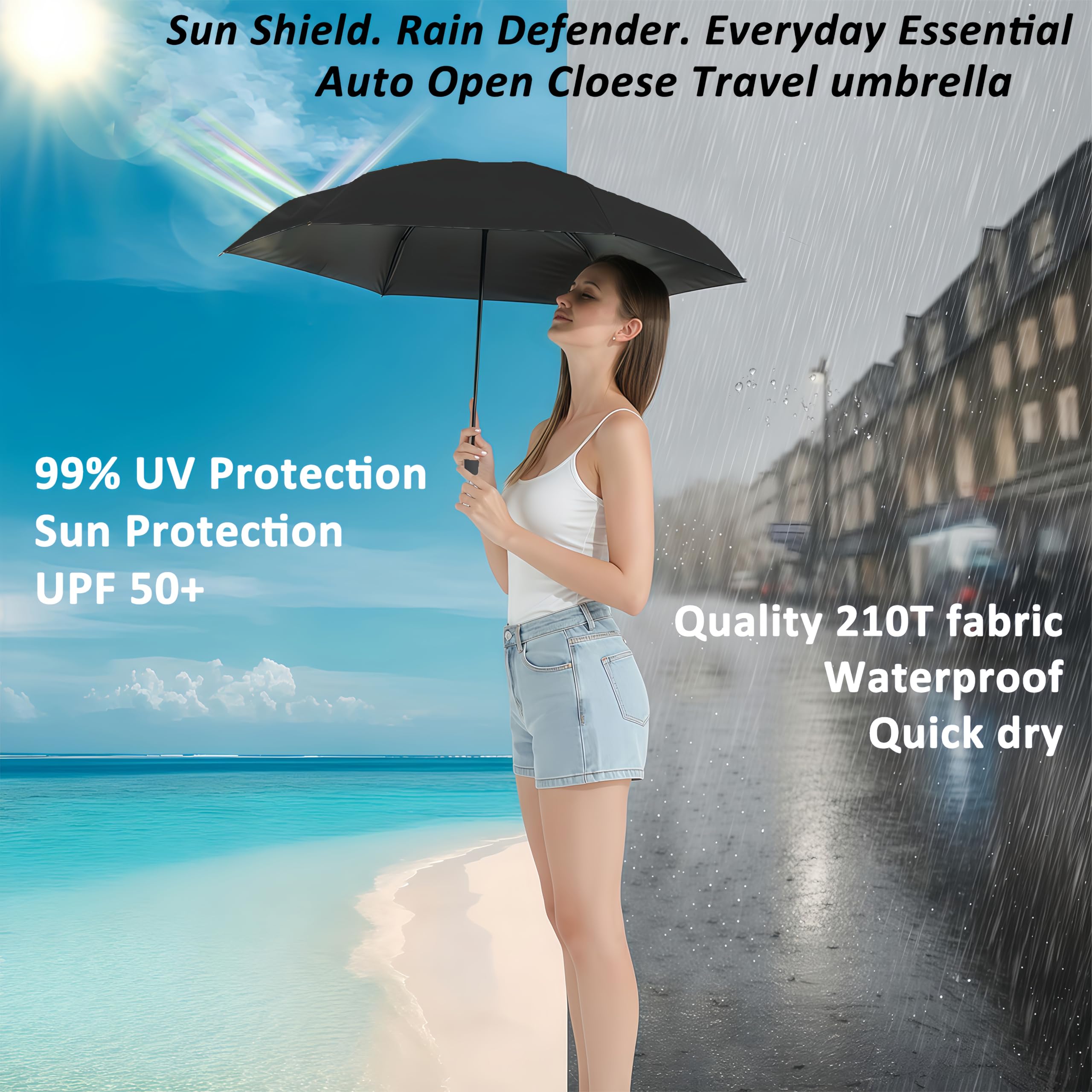 BAODINI Paraguas de viaje pequeño con protección UV compacto para lluvia y sol, UPF 50+, resistente al viento, portátil, 42 pulgadas, para mujeres y hombres