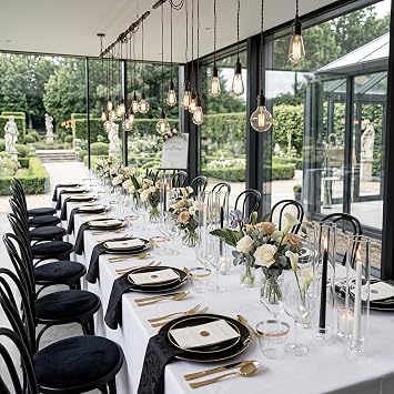 KIRE 350 PCS Plastic Dinnerware Set for 50 Guests - Black and Gold Plates 50 for Dinner 50 for Dessert & 50 Pre Rolled Napkins with Disposable Silverware 50 Cups for Graduation/Wedding/Father's Day