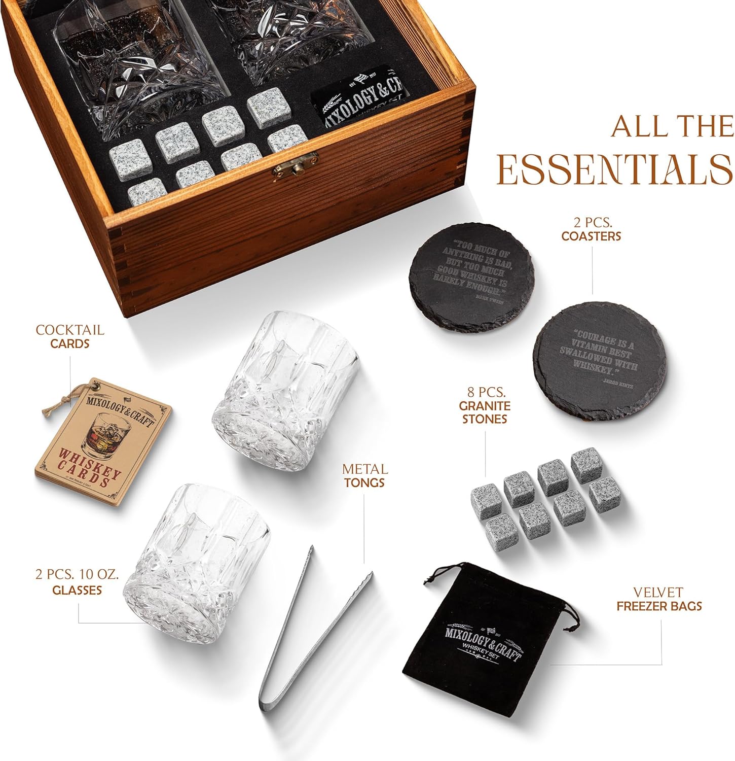 Mixology & Craft Whiskey Stones Gift Set: with Two 10oz Lead-Free Crystal Whiskey Glasses, 8 Whiskey Stones with Velvet Bag, 2 Slate Coasters & Recipe Cards in Wooden Crate | Great - Image 2