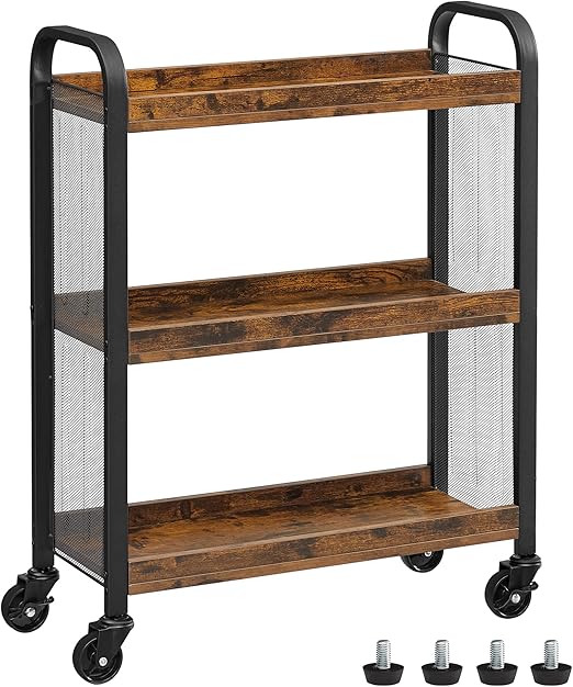 VASAGLE 3-Tier Narrow Storage Cart, Rolling Cart with Wheels, Steel Frame, Slim Storage Cart, Adjustable Feet Included, Industrial Style, Rustic Brown and Black