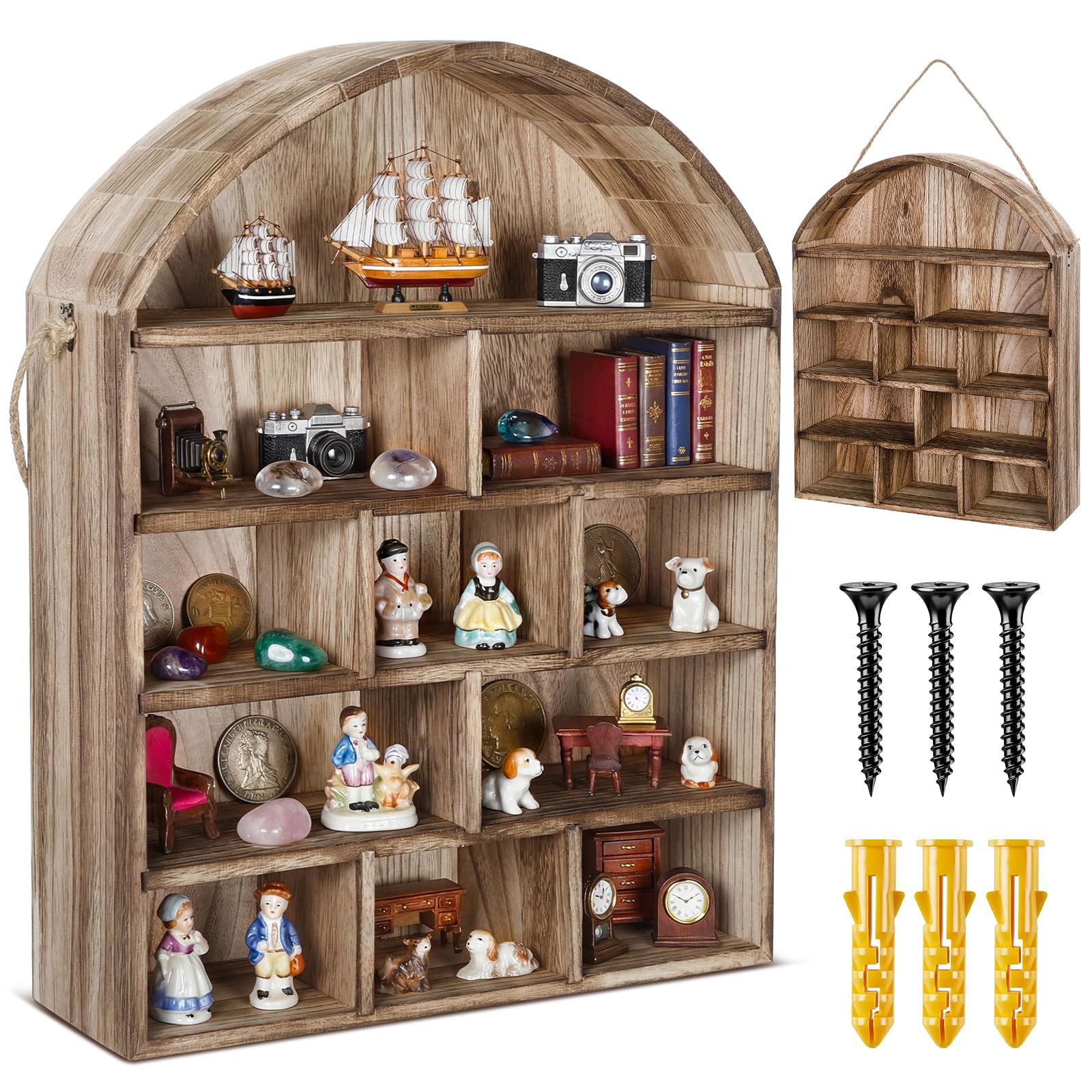 16x20 Arch Shaped Extra Deep Wooden Shadow Cubby Box Depth 4.7'' Rustic Trinket Display Floating Shelf with Removable Shelf Rope Wall Mounted Freestanding for Miniature Figures Curio(Brown)