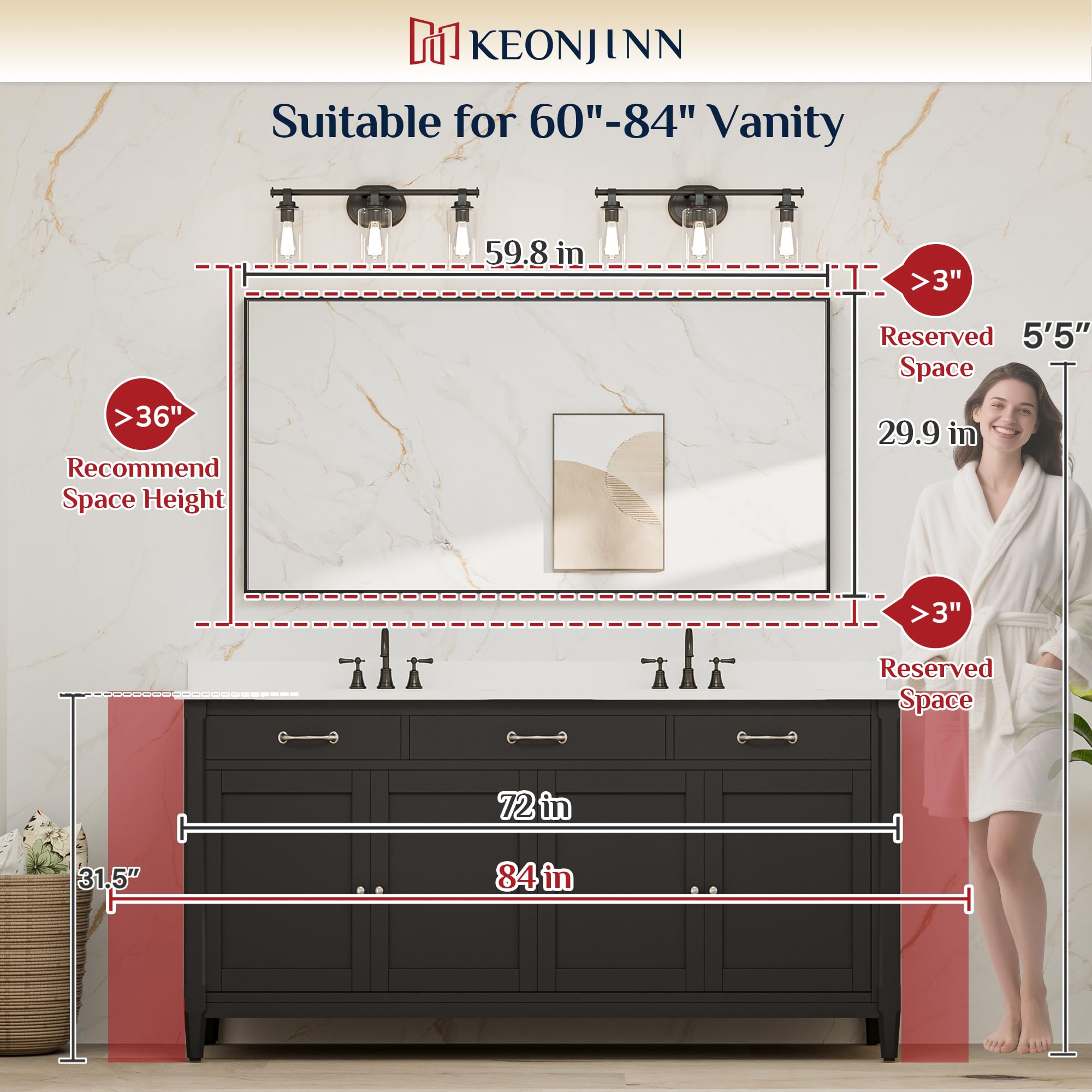 Keonjinn Brushed Gold Bathroom Mirror 60" x 30", Metal Framed Rectangular Gold Wall Mirror, Modern Farmhouse, Aluminum Alloy, Square Corner Rectangle Bathroom Vanity Mirrors(Horizontal/Vertical) - 3
