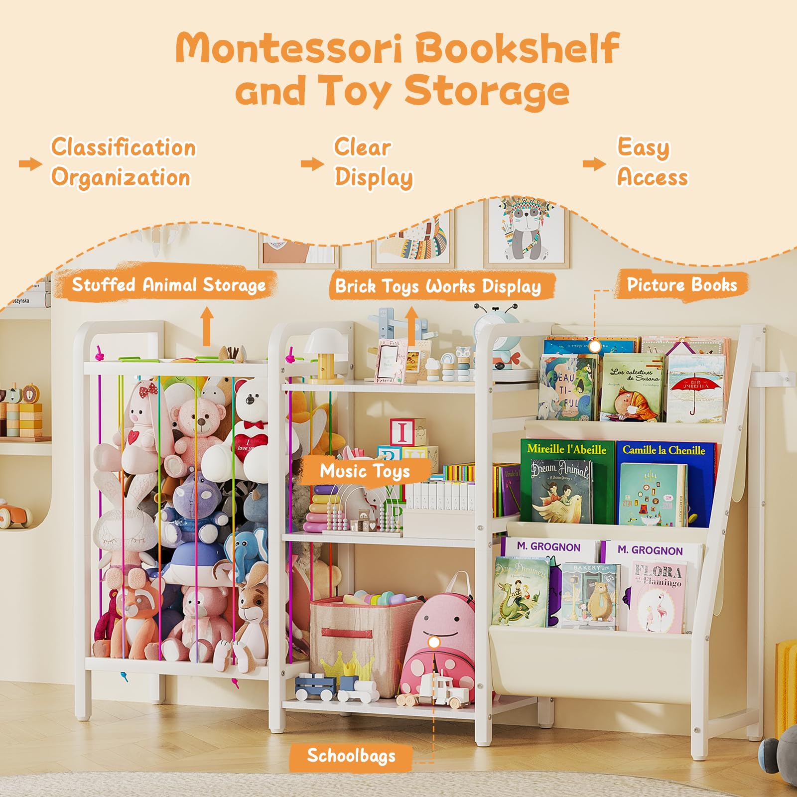 B1 - Estantería infantil y almacenamiento de juguetes, estante para libros de 3 niveles para habitaciones de niños, estantería para bebés con almacenamiento de animales de peluche, estantería 7