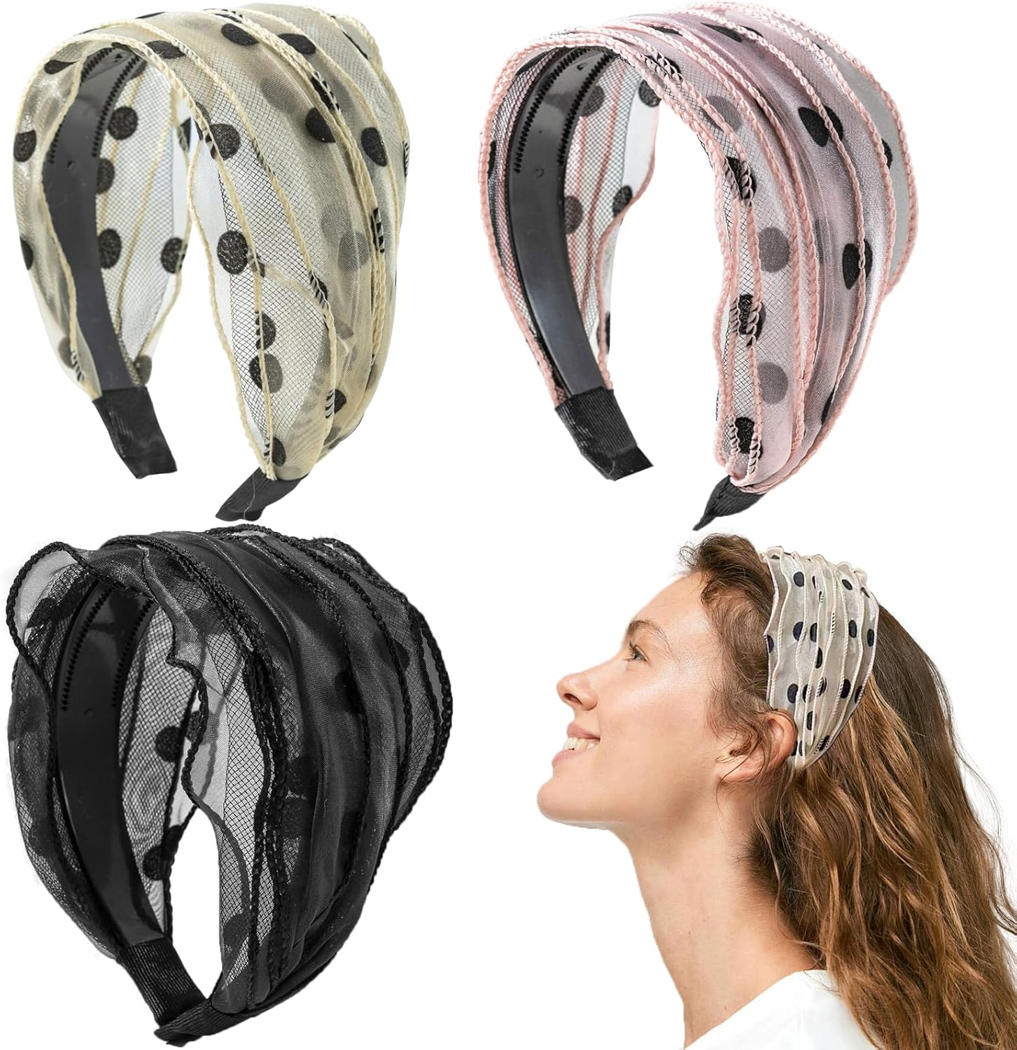 Ainvhh 3PCS Large Wide Headband for Women Girls Lace Polka Dot Headband Elegant Elastic Hairbands With Teeth Fashion Headwear Accessories Mixed Colors
