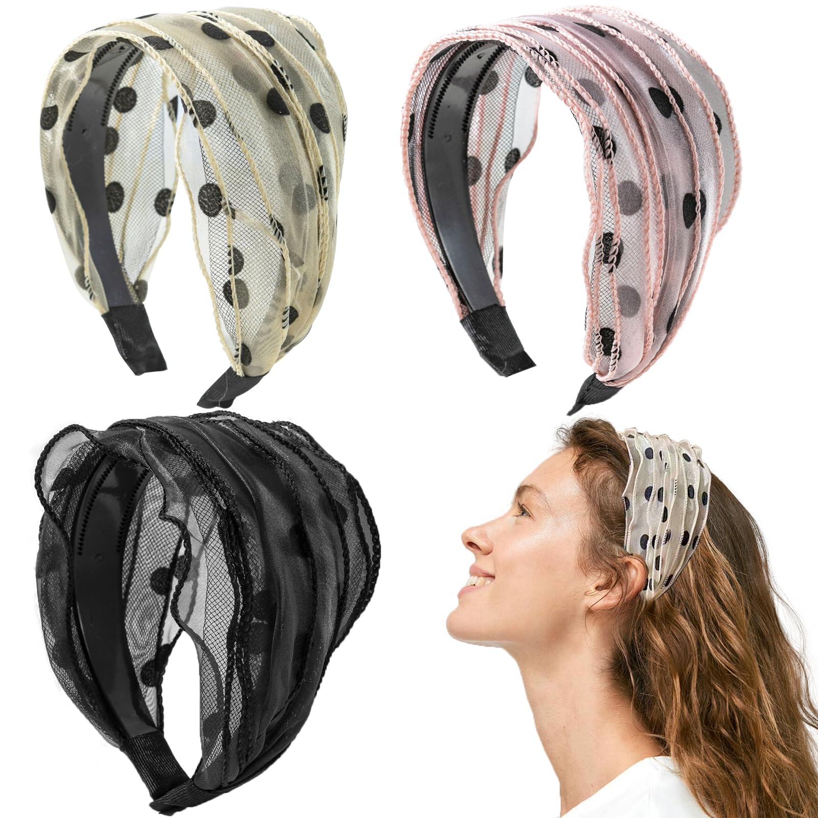 3 diademas grandes y anchas para mujeres y niñas, diadema de encaje con lunares, elegantes diademas elásticas con dientes, accesorios de moda para la cabeza, colores mezclados