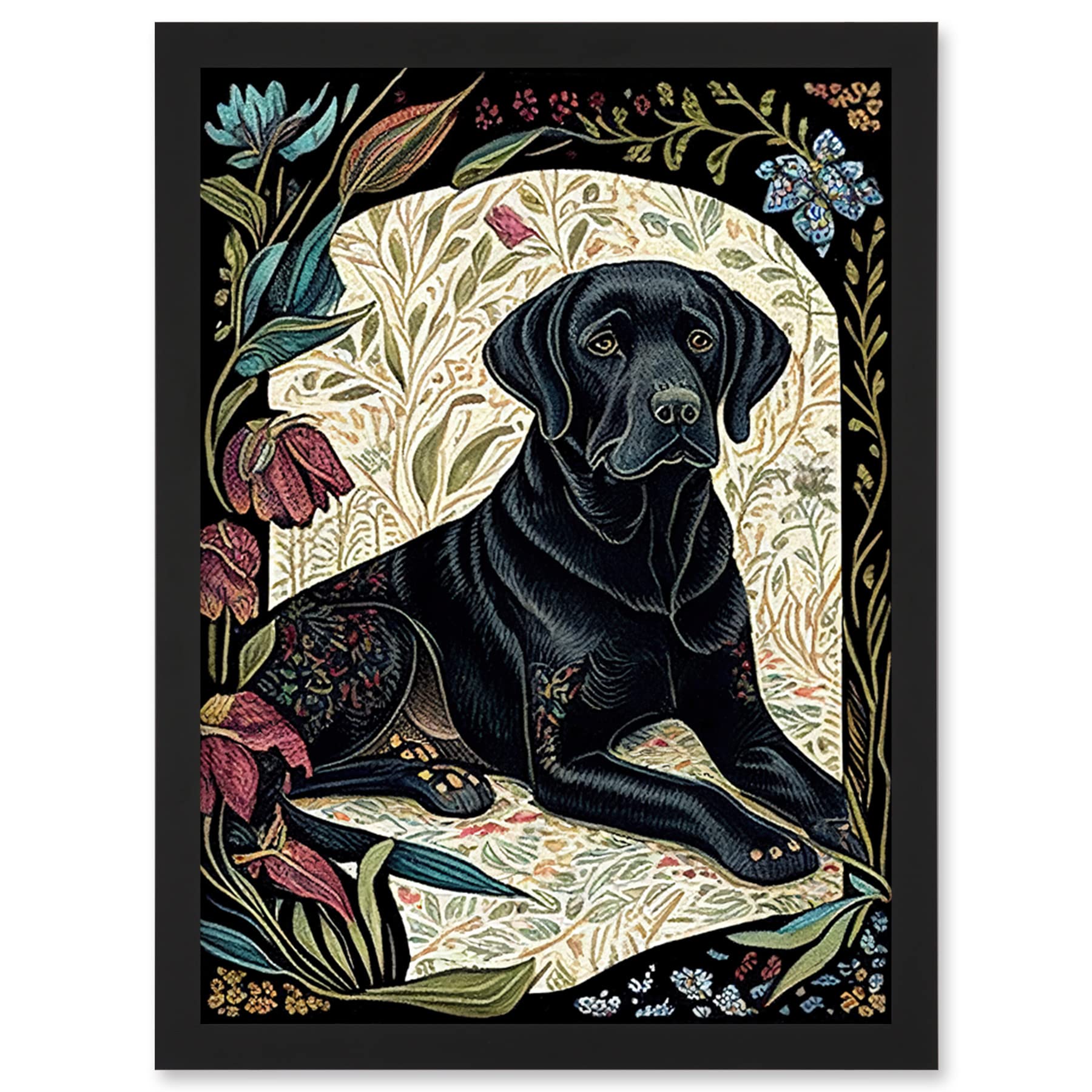 Black Labrador Dog Linocut Art Print Framed A4 - Vintage Inspired Illustration - Artery8