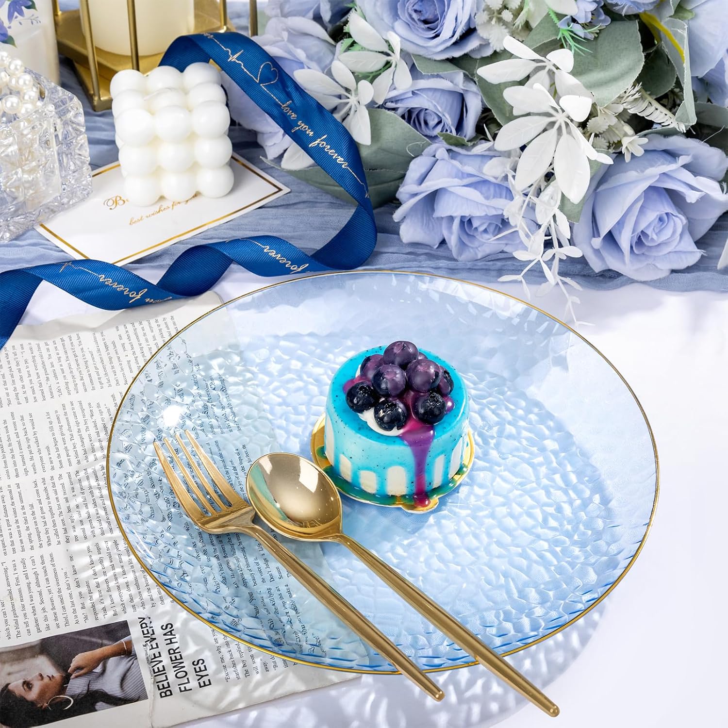 Rubtlamp 60 Pcs Blue Gold Plastic Plates, 10 inch Blue Plastic Dinner Plates, Hammer Pattern Design - Fancy Clear and Gold Disposable Plates Ideal for Party - Image 3