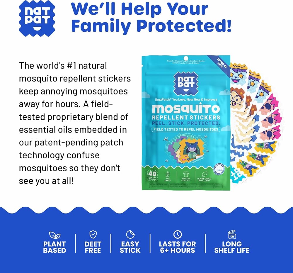 NATPAT Buzz Patch Mosquito Patch Stickers for Kids - Plant Based Ingredients, Non-Toxic - The Original All Natural Citronella Essential Oil Insect Patch, DEET Free, for Toddlers, Kids (60 Pack)