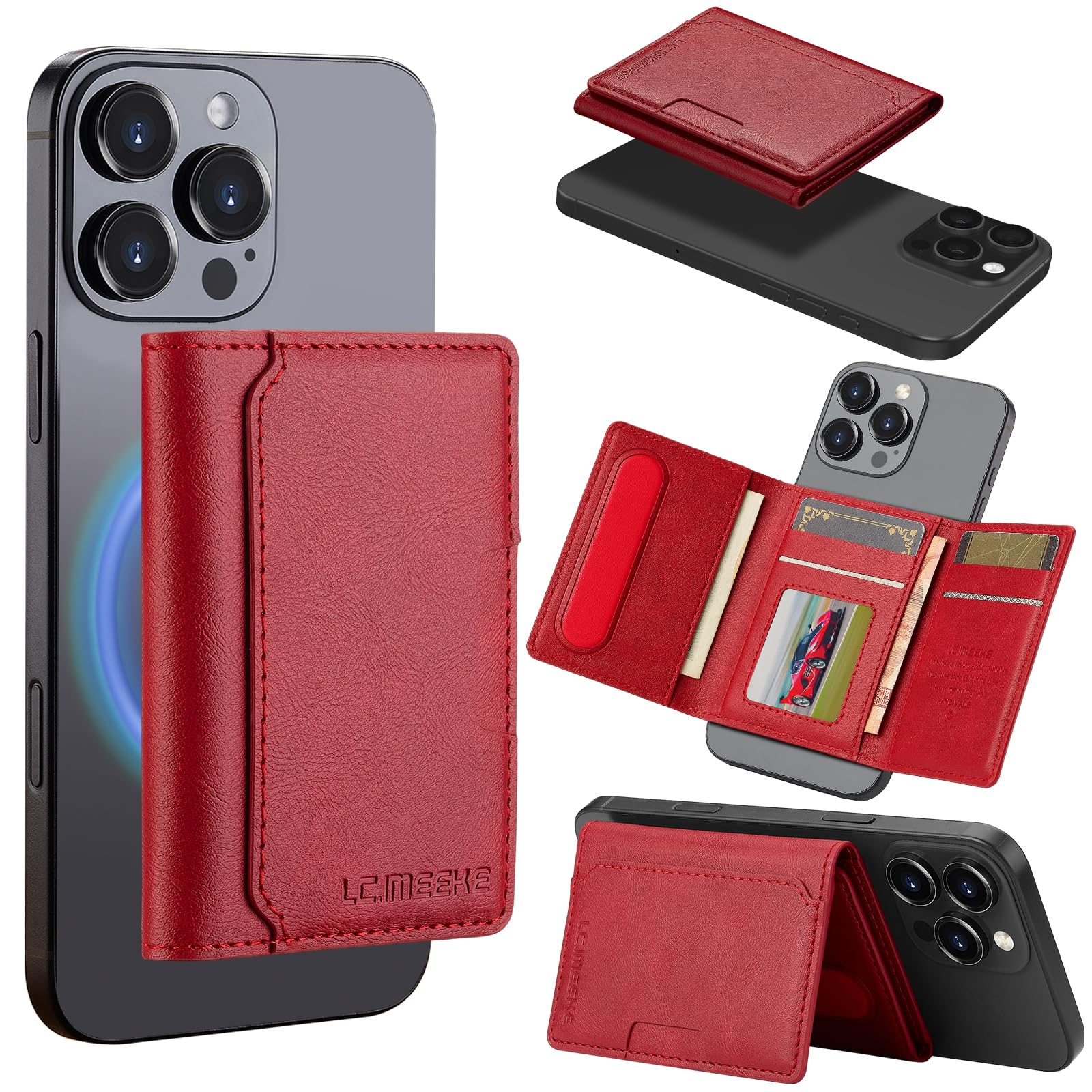 HAII for MagSafe Card Wallet Bag compatible with MagSafe Invisible Ultra-Thin Lightweight Kickstand Magnetic Mobile Wallet Man Woman, 8 Card Slots. (Red, Horizontal Folding)-image-48