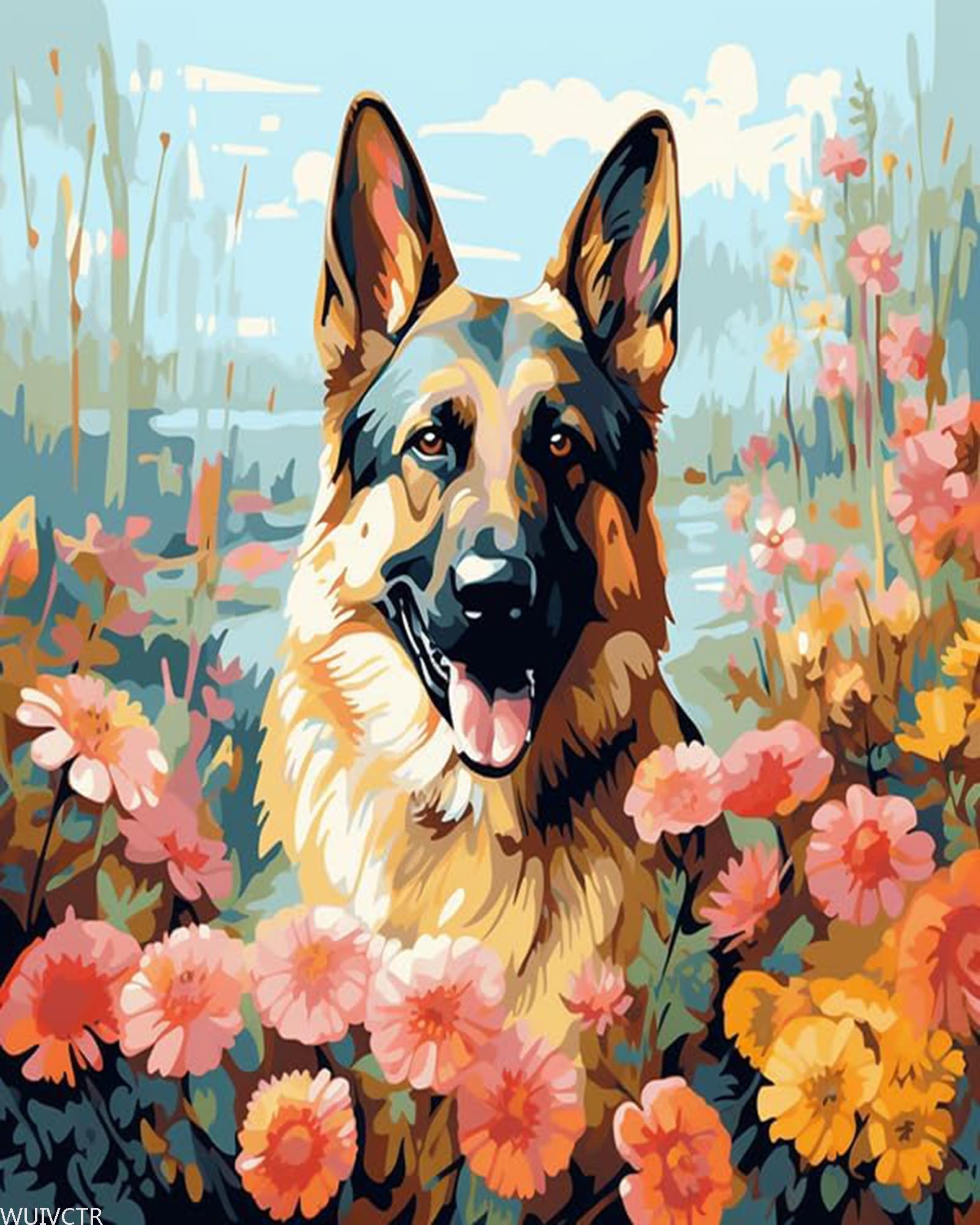 WUIVCTR Canvas Paint by Numbers Kits for Adults, German Shepherd Dog and Flowers, DIY Kit for Adults Acrylic Paint Oil Picture of Coloring by Numbers