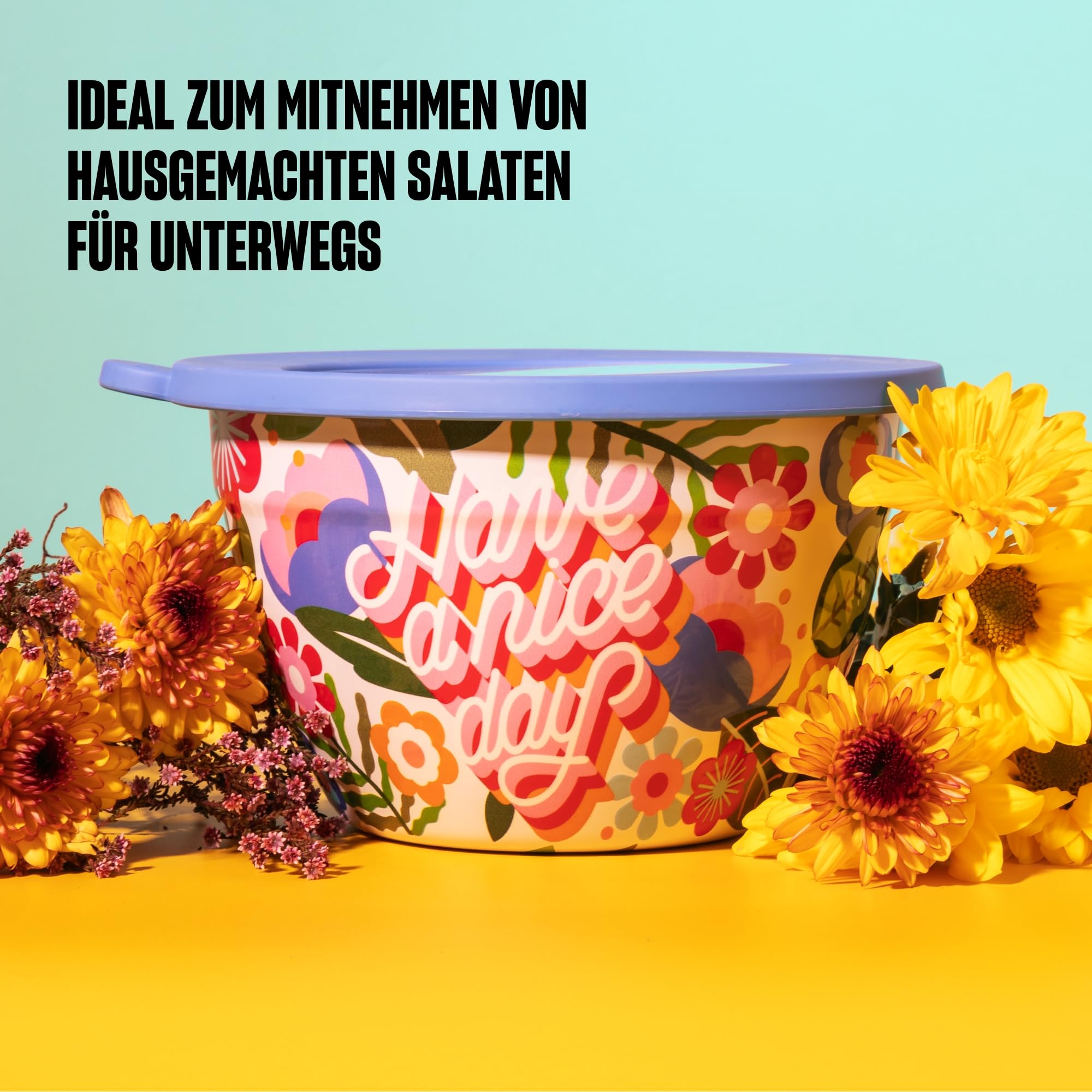 S'well x Steffi Lynn Salatschüssel-Set aus Edelstahl, 1,9 l, Kunstdesign, mit 60 ml Gewürzbehälter und abnehmbarer Schale zur Organisation, auslaufsicher, leicht zu reinigen, spülmaschinenfest