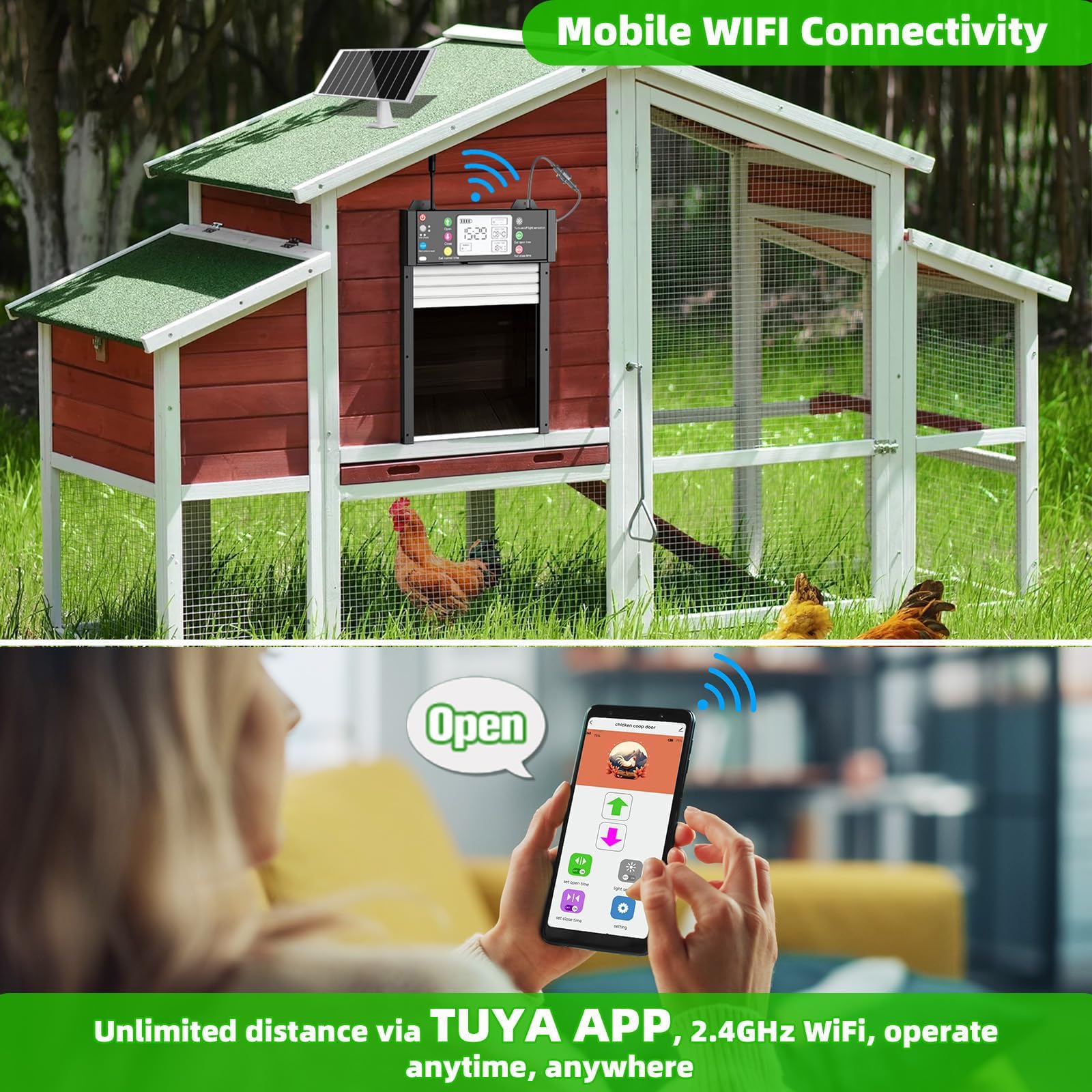Shinmax Porta Automatica Solare Intelligente Per Pollaio Con App WiFi 2,4 GHz, Sensore Di Luce, Timer, Anti-Schiacciamento, Display LCD, Batteria Ricaricabile 4000mAh