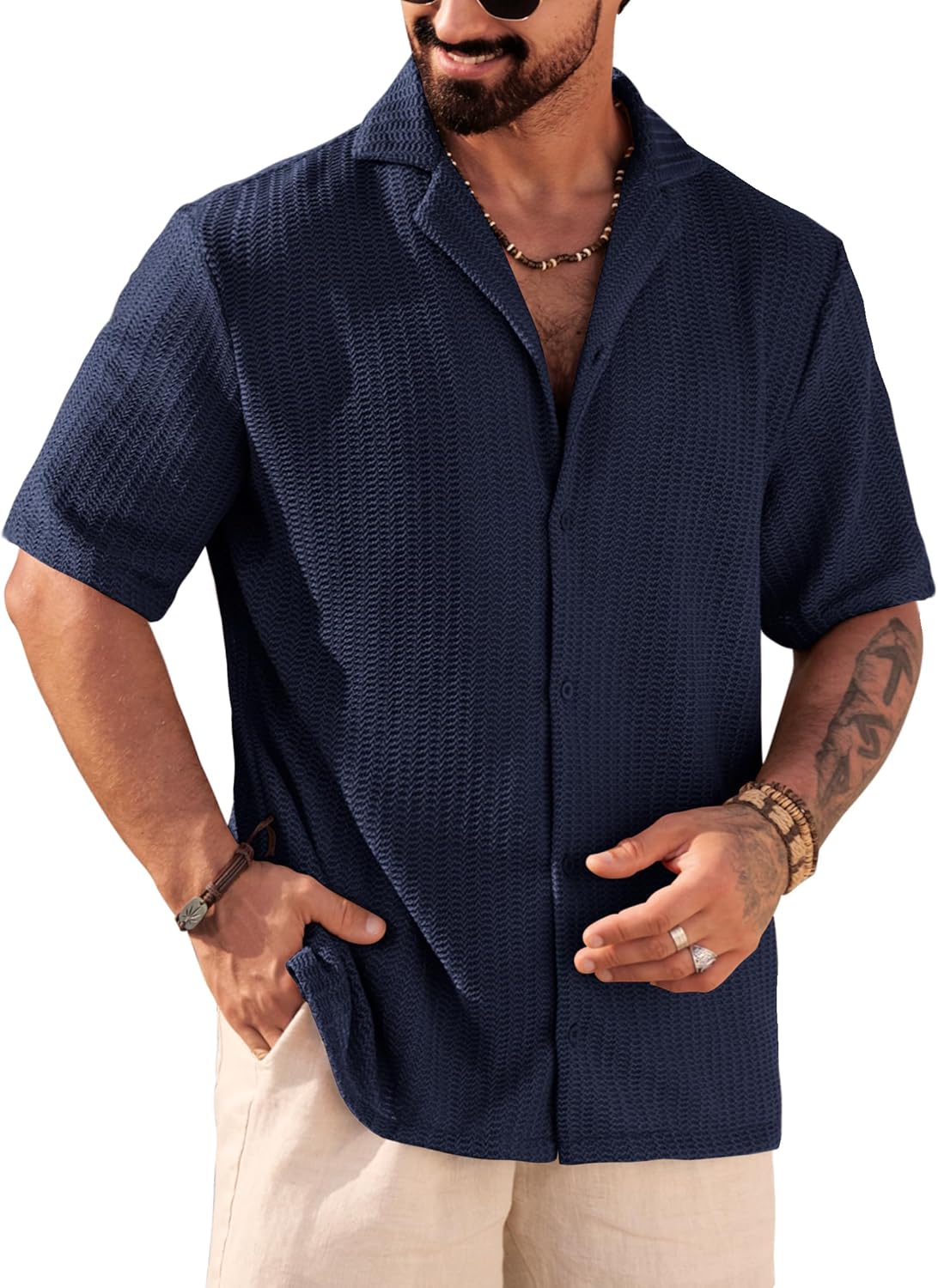 Herberton Men Summer Beach Shirts Stylish Hollow Out Button Down Shirt Casual Cuban Top (S-XXL)
