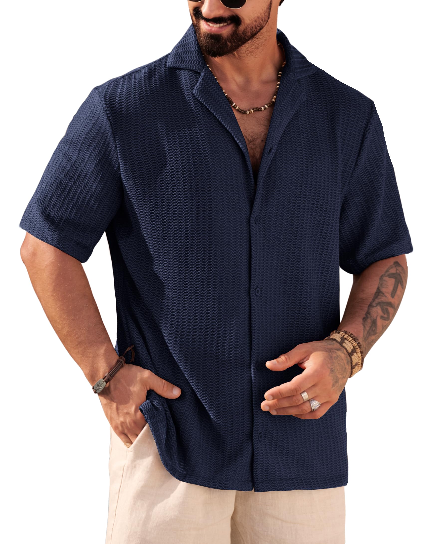Herberton Men Summer Beach Shirts Stylish Hollow Out Button Down Shirt Casual Cuban Top (S-XXL)