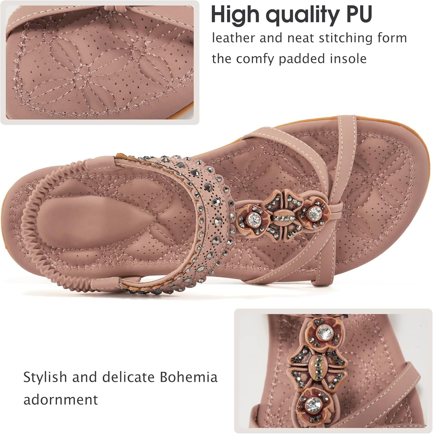Alicegana Womens Sandals Shoes Comfort Walking with Non Slip on Casual Summer Beach Shoes Dress Ankle Elastic Jeweled Bohemian Flats - Image 4