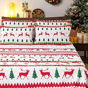 BYSURE Christmas Reindeers and Trees Pattern Bed Sheets 6 Pieces Set King Size Christmas Reindeers Microfiber 15 inch