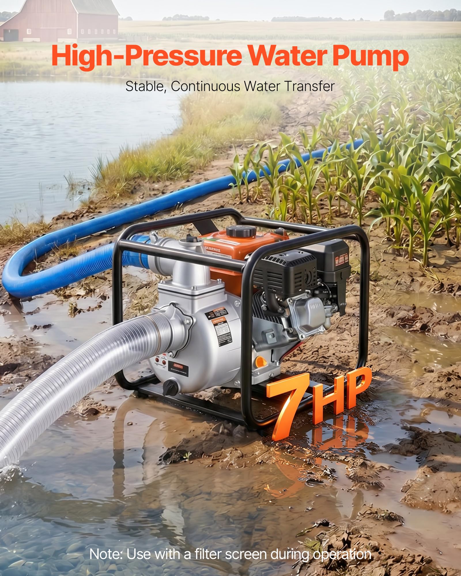 VEVOR Pompa Acqua a Benzina, Motopompa per Irrigazione Prato Laghetti Piscina Giardino 59960 L/H, Trasferimento Acqua 7 CV, Pompa Acqua con Motore a Benzina Tubo 7,6m Dimensioni Porta 76,2 mm
