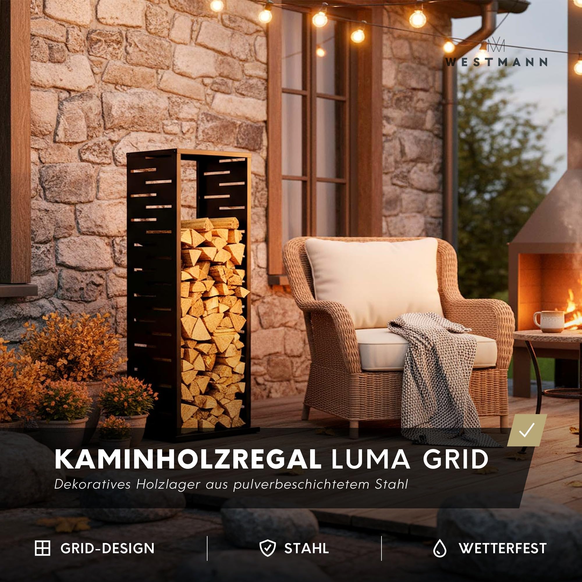 WESTMANN Kaminholzregal Luma Grid 38x38x112 cm Anthrazit Stahl wetterfest